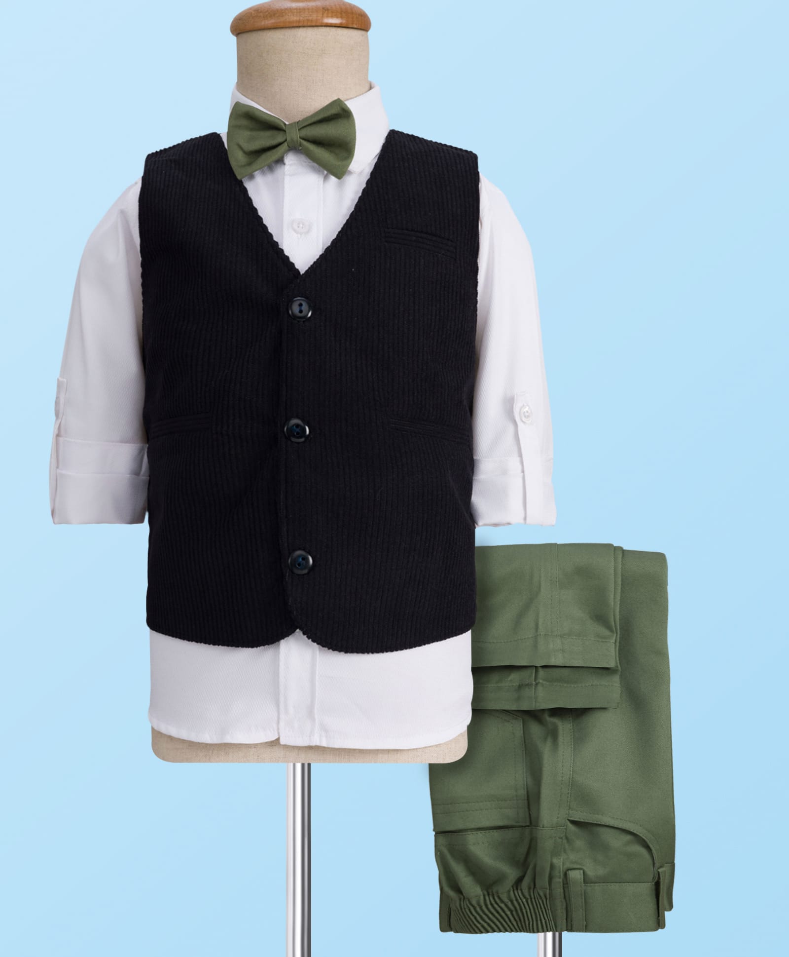Rikidoos Full Sleeves Ribbed 3 Piece Party Suit With Muffler & Bow Set - Black & Olive Green-image-46