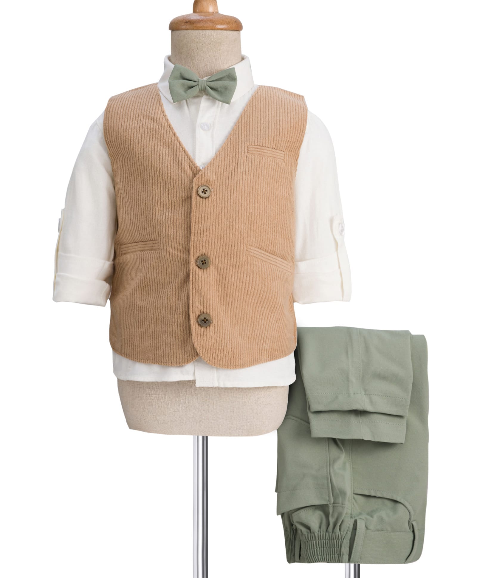 Rikidoos Full Sleeves Ribbed 3 Piece Party Suit With Muffler & Bow Set - Fawn & Pista-image-37