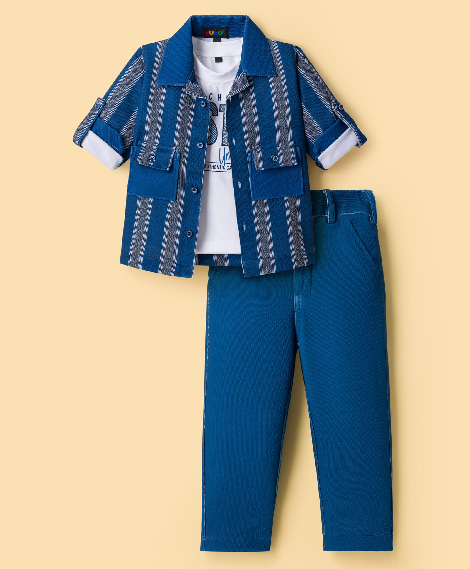Robo Fry Cotton Woven Full Sleeves Striped Party Shirt & Trouser Set With Printed Inner Tee - Royal Blue & White-picture-24