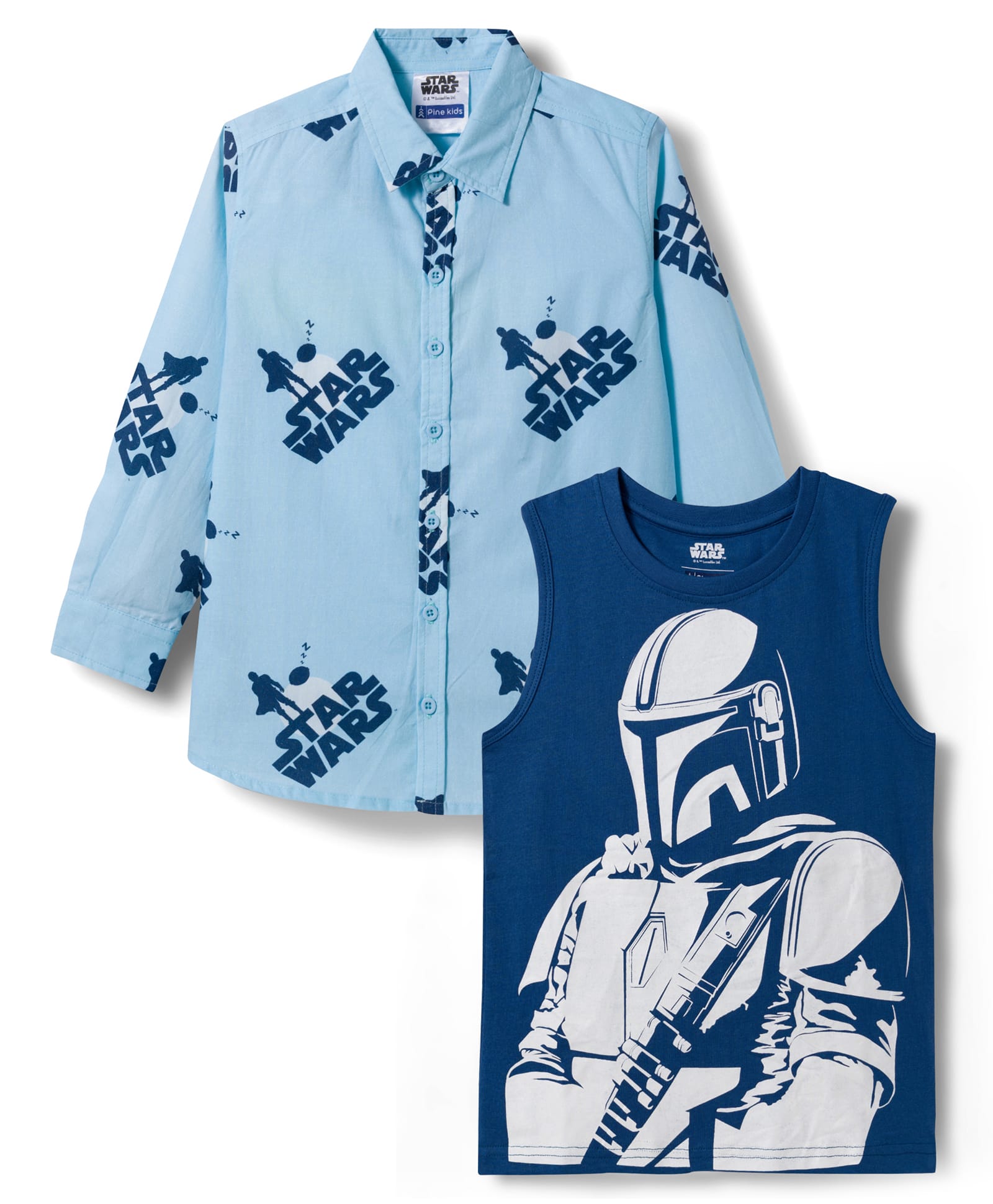 Pine Kids Lucas Single Jersey Knit Full Sleeve Printed Shirt and Sleeveless T-Shirt with Starwars Graphic - Light Blue & Blue-image-5