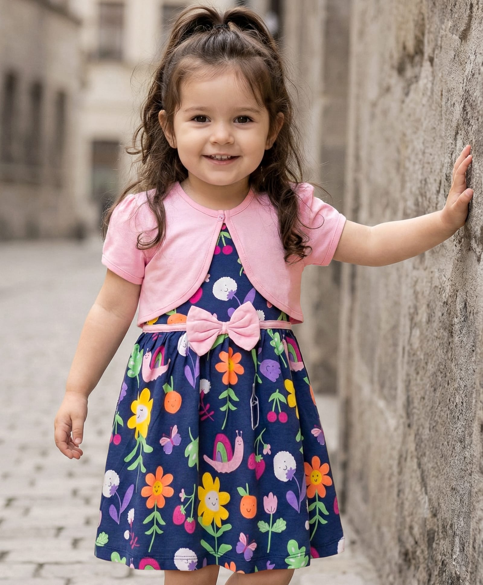Babyhug Single Jersey Knit Floral Printed Frock with Half Sleeves Shrug & Bow Applique - Pink & Navy Blue-image-17