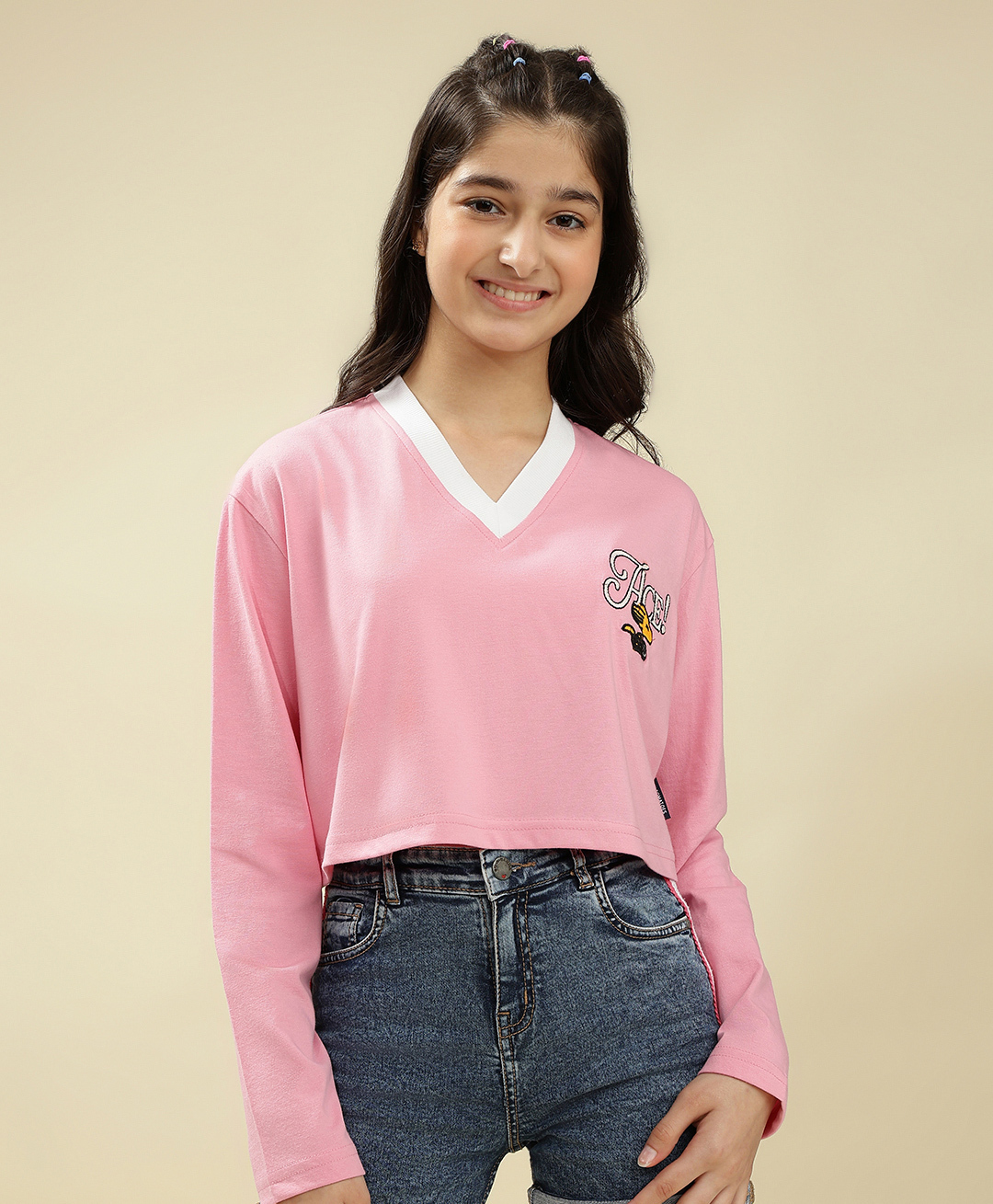Lil Tomatoes Cotton Knit Full Sleeves Ace Text Printed Crop Top - Pink-picture-10
