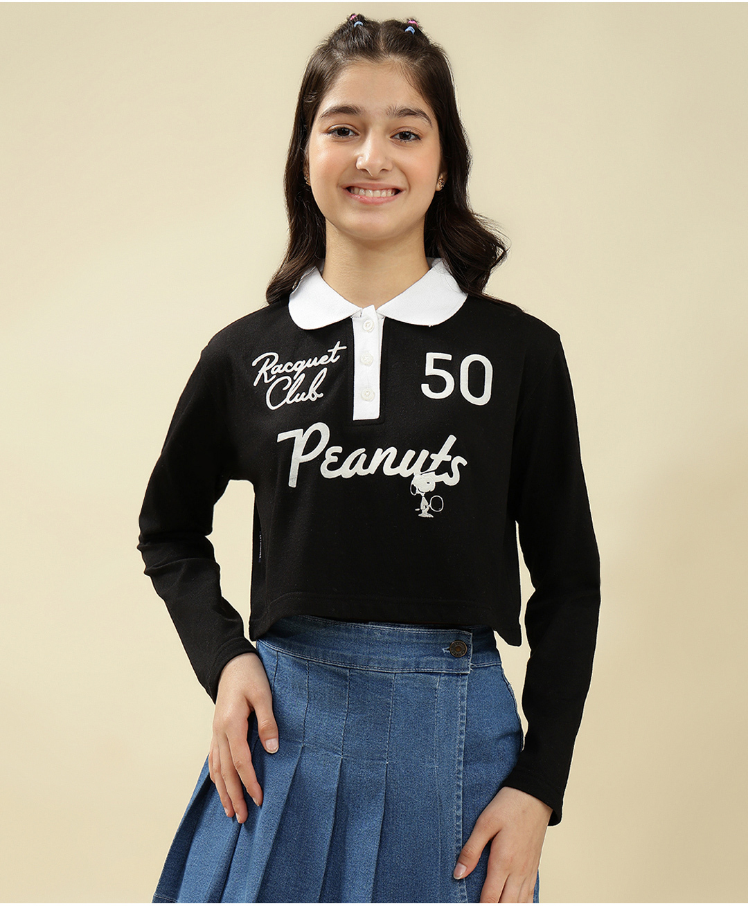 Lil Tomatoes Cotton Knit Full Sleeves Peanuts Featuring Snoopy & Peanuts Text Printed Crop Top - Black-picture-12