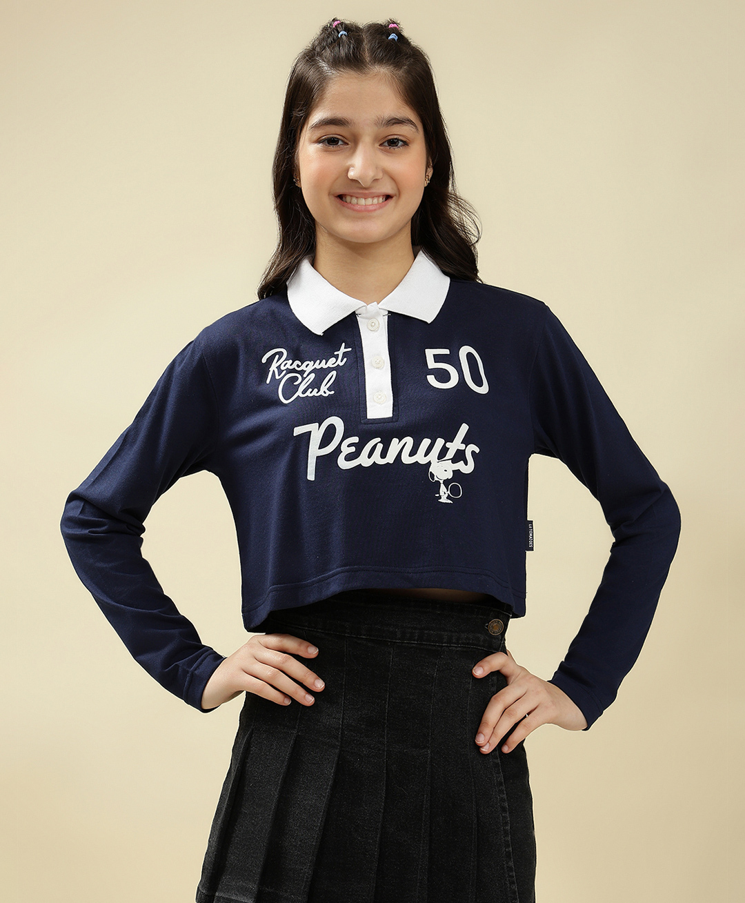 Lil Tomatoes Cotton Knit Full Sleeves Peanuts Featuring Snoopy & Peanuts Text Printed Crop Top - Navy-picture-11