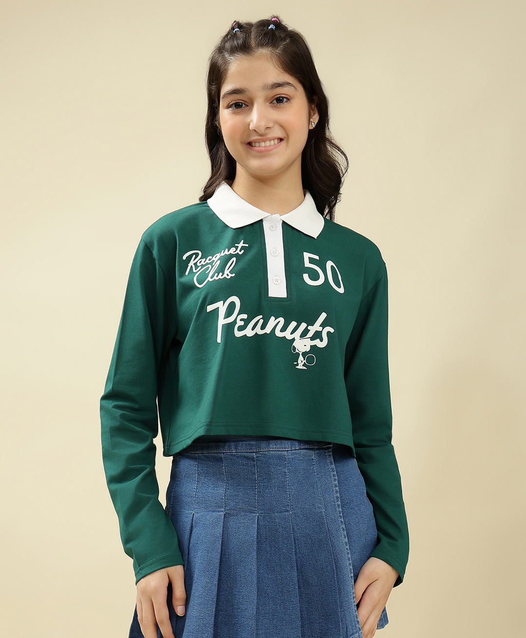 Lil Tomatoes Cotton Knit Full Sleeves Peanuts Featuring Snoopy & Peanuts Text Printed Crop Top - Green-picture-10