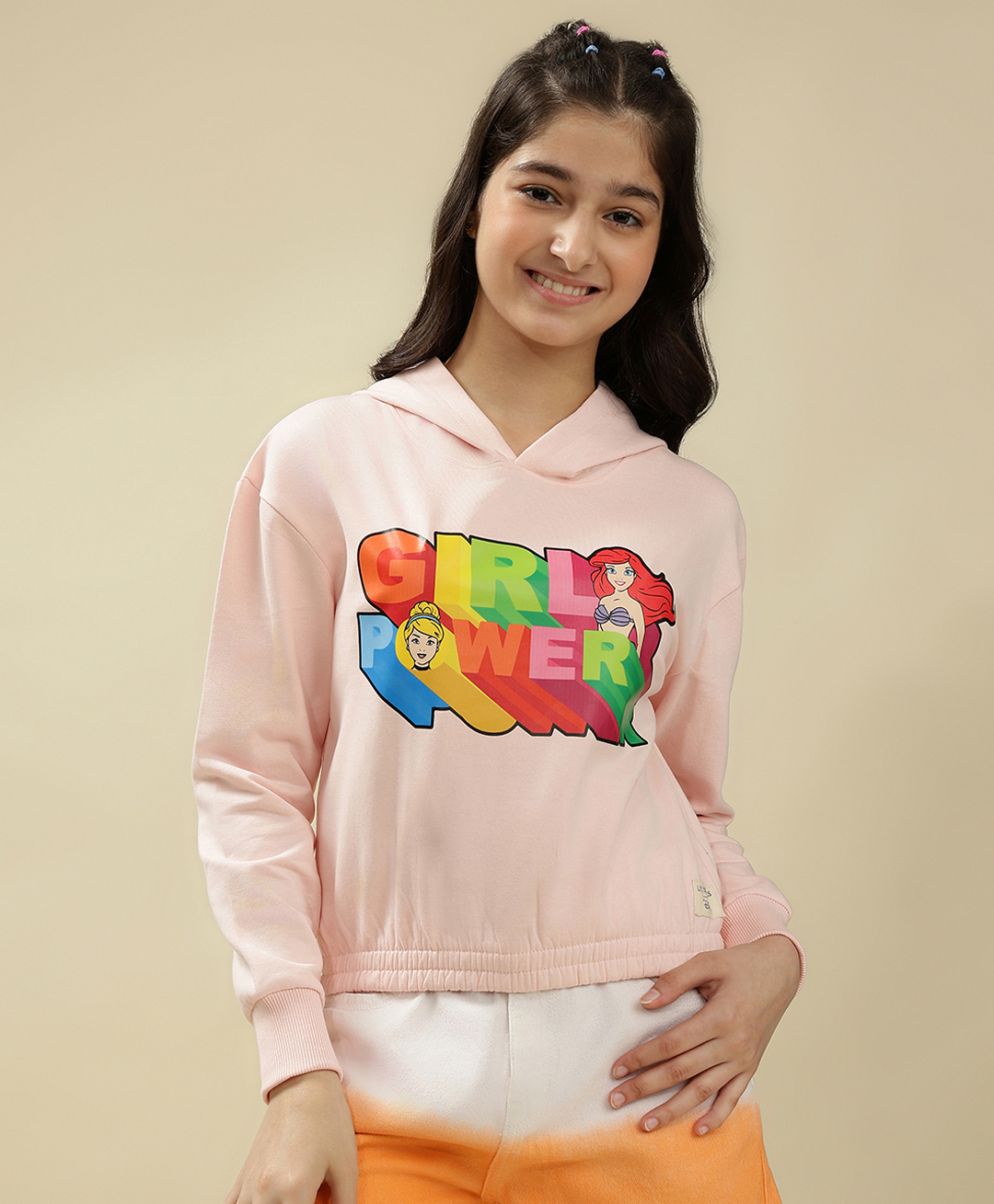 Lil Tomatoes Cotton Fleece Knit Full Sleeves Disney Featuring Princesses & Girl Power Text Printed Hooded Sweatshirt - Pink-picture-14