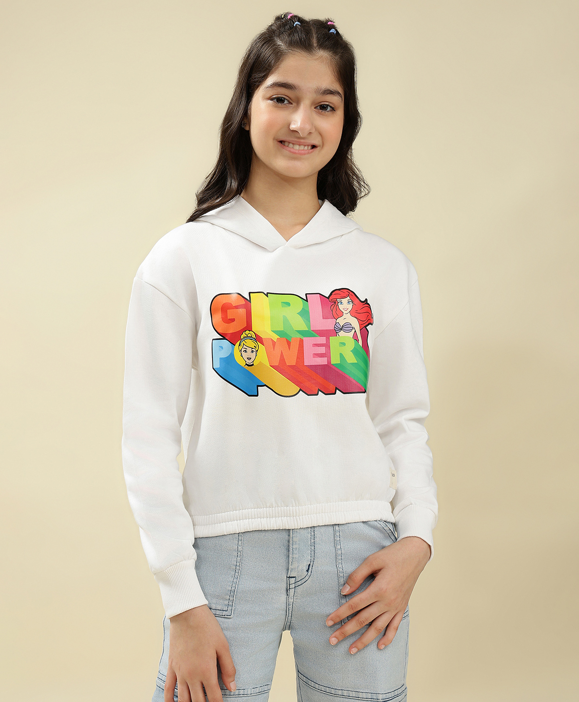 Lil Tomatoes Fleece Knit Disney Princesses Featuring Full Sleeves Girl Power Text & Characters Printed Heavy Winter Hooded Sweatshirt - White-picture-18