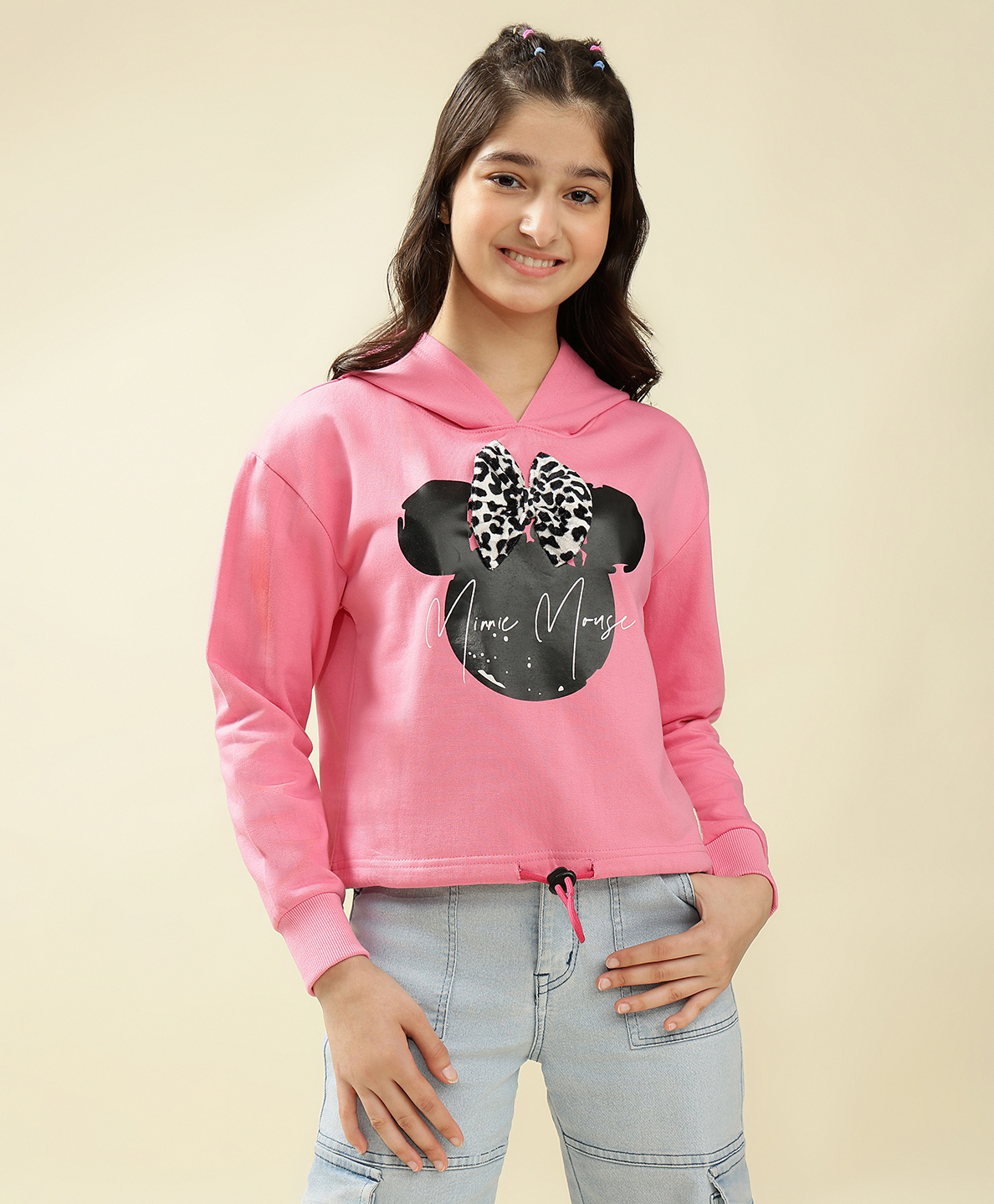 Lil Tomatoes Fleece Knit Mickey & Friends Featuring Full Sleeves Minnie Mouse Printed Heavy Winter Hooded Sweatshirt - Pink-image-17