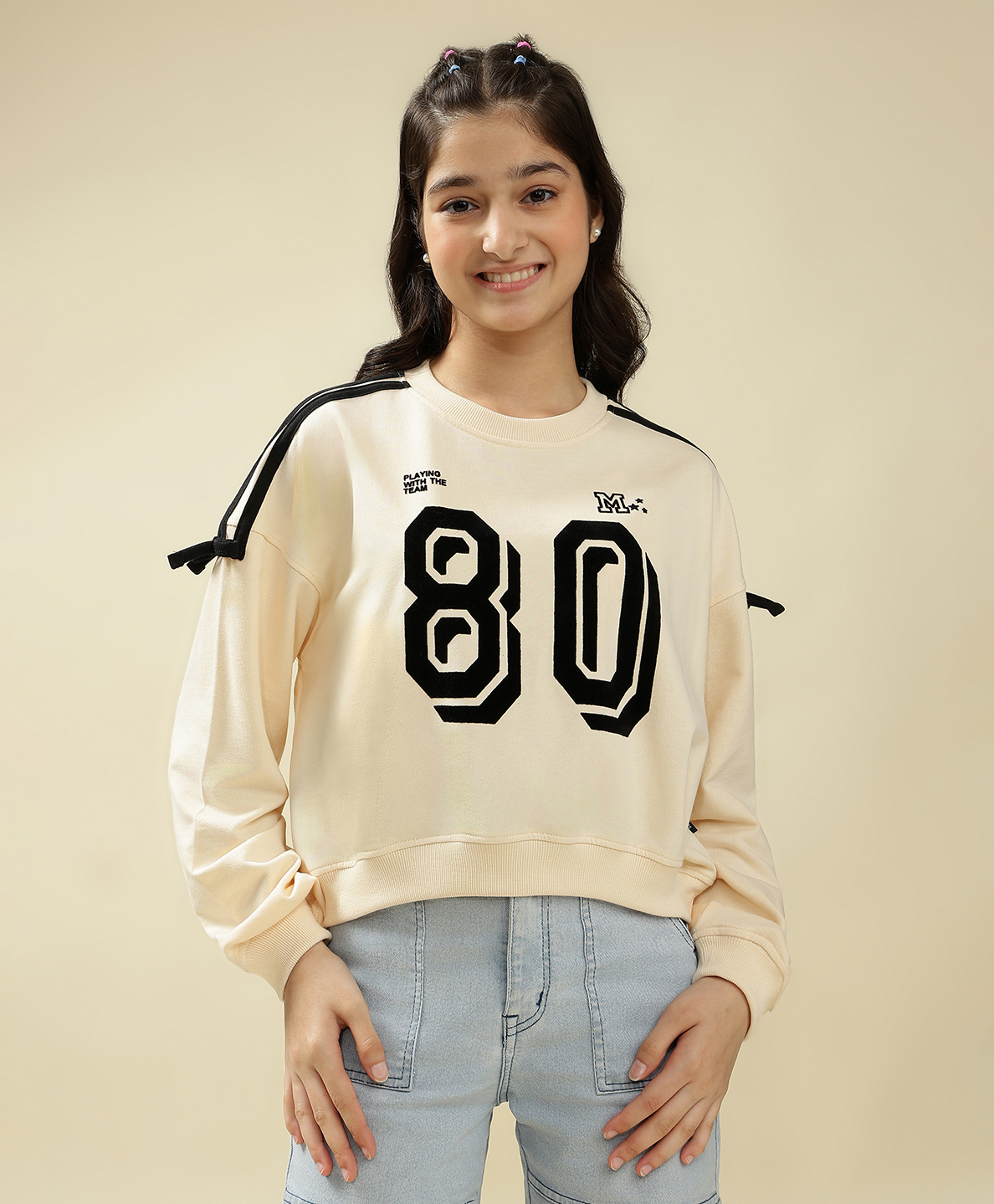 Lil Tomatoes Cotton Looper Knit Full Sleeves Light Winter 80 Number Printed Sweatshirt - Cream-picture-36