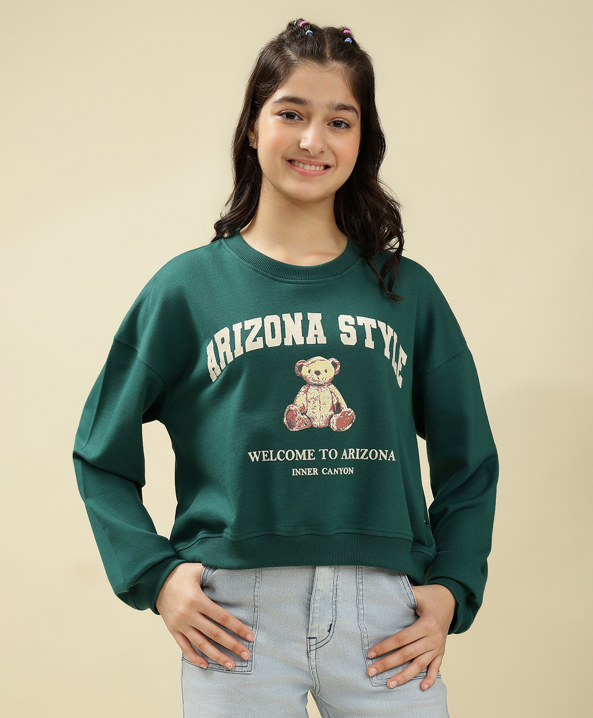 Lil Tomatoes Looper Knit Full Sleeves Arizona Style Text Printed Light Winter Sweatshirt - Green-image-39