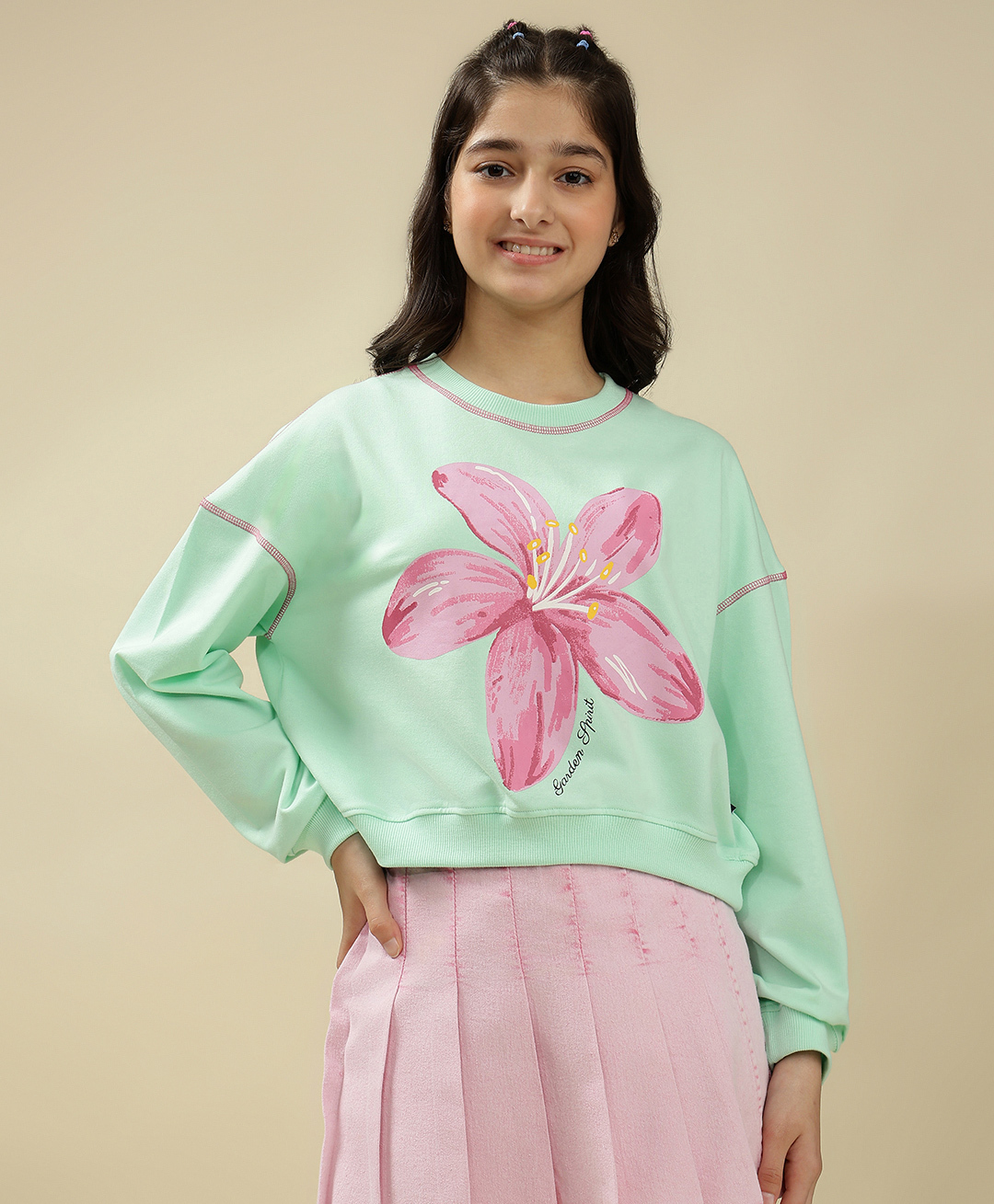 Lil Tomatoes Cotton Looper Knit Full Sleeves Light Winter Floral Printed Sweatshirt - Light Green-picture-24
