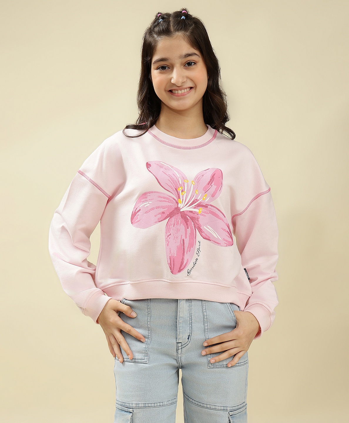 Lil Tomatoes Looper Knit Full Sleeves Floral Printed Light Winter Sweatshirt - Pink-picture-25