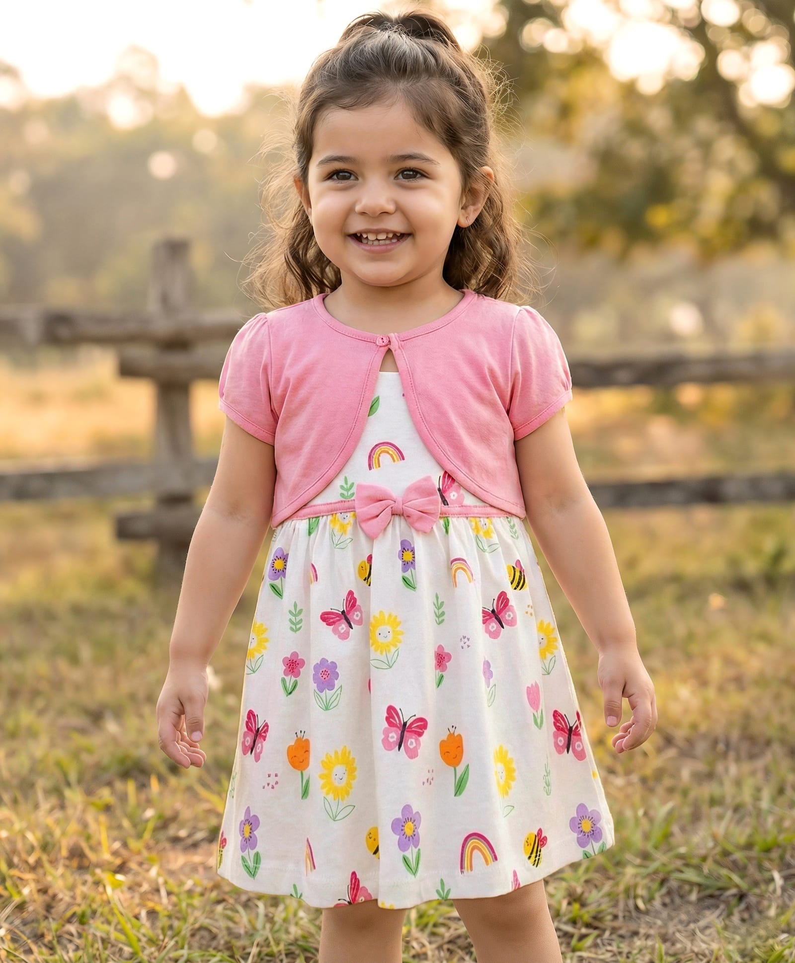 Babyhug Cotton Knit Half Sleeves Floral Printed Frock With Shrug - Pink & White-image-48
