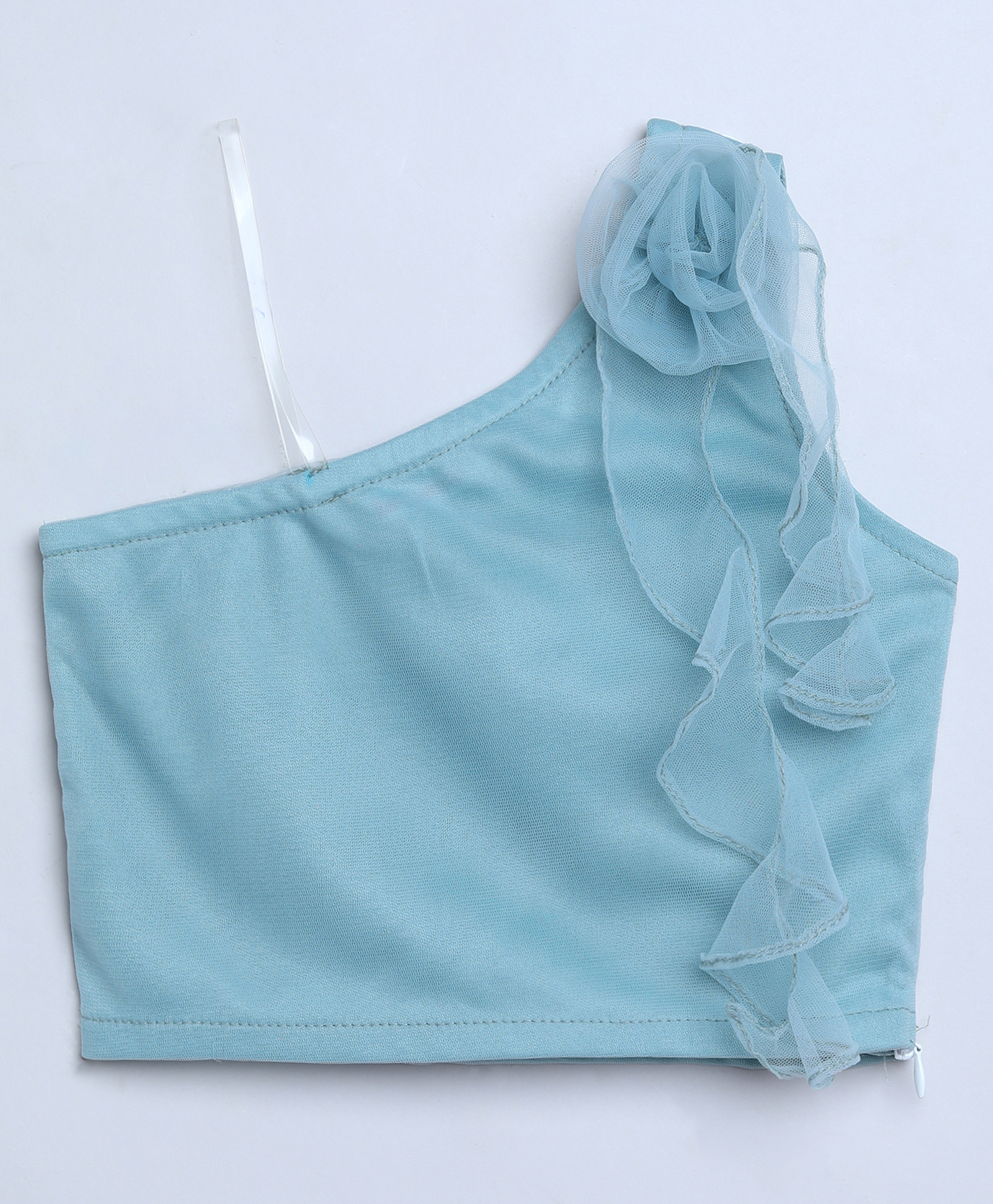 Taffykids Net Knit One Shoulder Rose Applique & Ruffle Detailed Crop Top - Pastel Mint-image-39