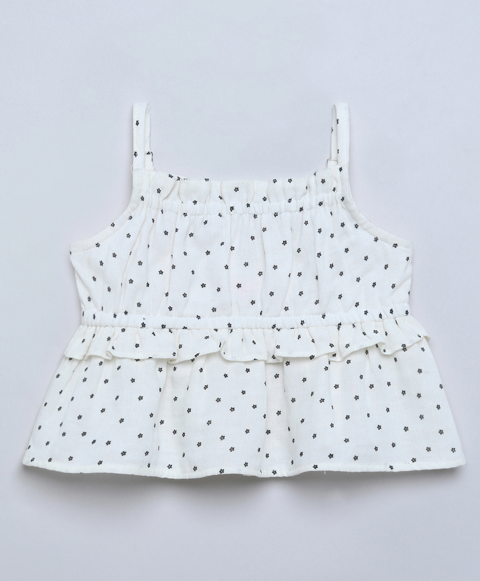 Taffykids 100% Cotton Woven Sleeveless Daisy Printed Frill Detailed Peplum Crop Top - White & Black-picture-14