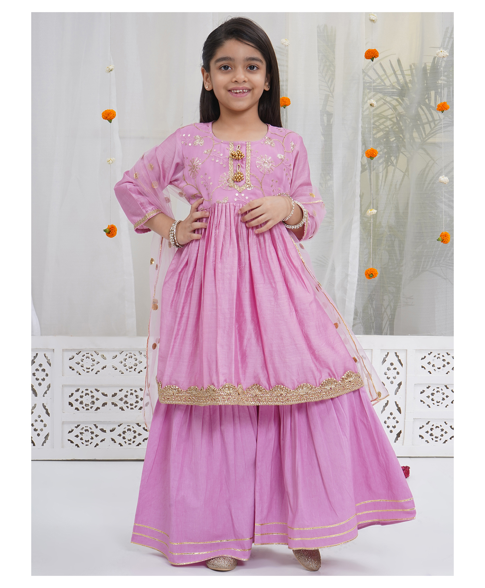Little Bansi 100% Silk Woven Three Fourth Sleeves Floral Embroidered Gota Lace Embellished Kurti & Sharara With Dupatta Set - Lavender Pink-picture-20