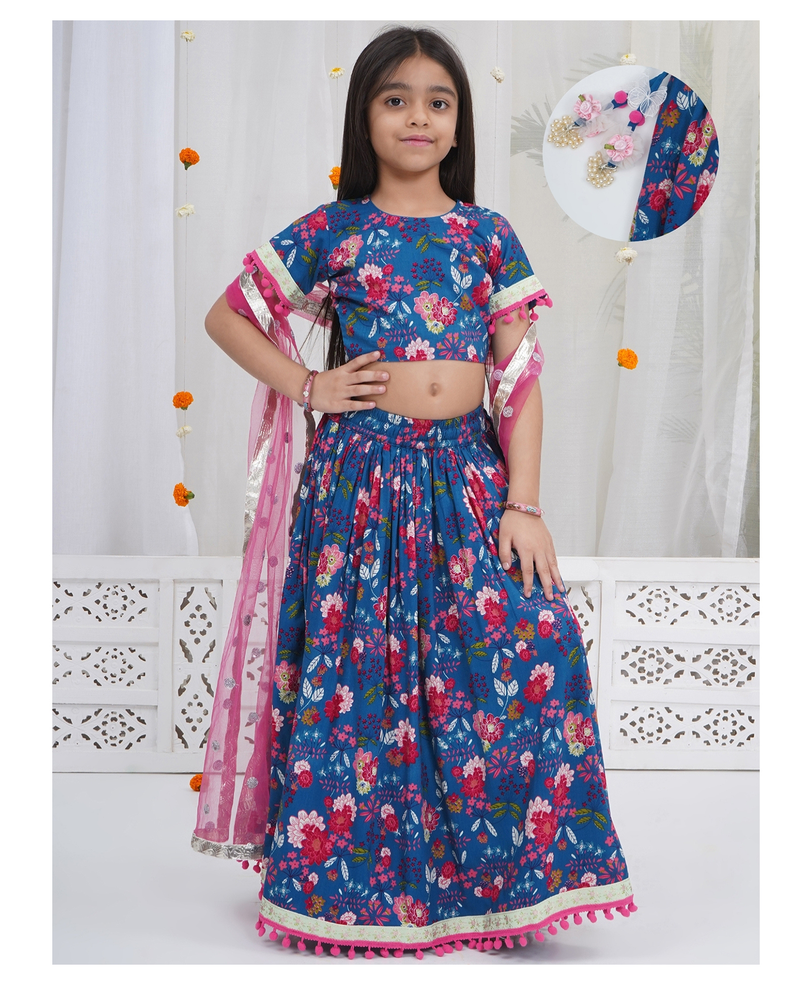 Little Bansi Cotton Woven Half Sleeves Floral Printed Lace Detailed Coordinating Lehenga Choli With Dupatta Set - Royal Blue-picture-36