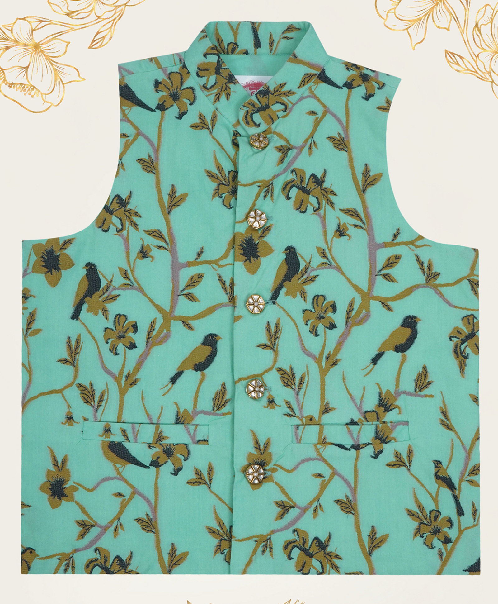 Little Bansi Cotton Woven Sleeveless Floral & Birds Printed Nehru Jacket - Turquoise Green-picture-39