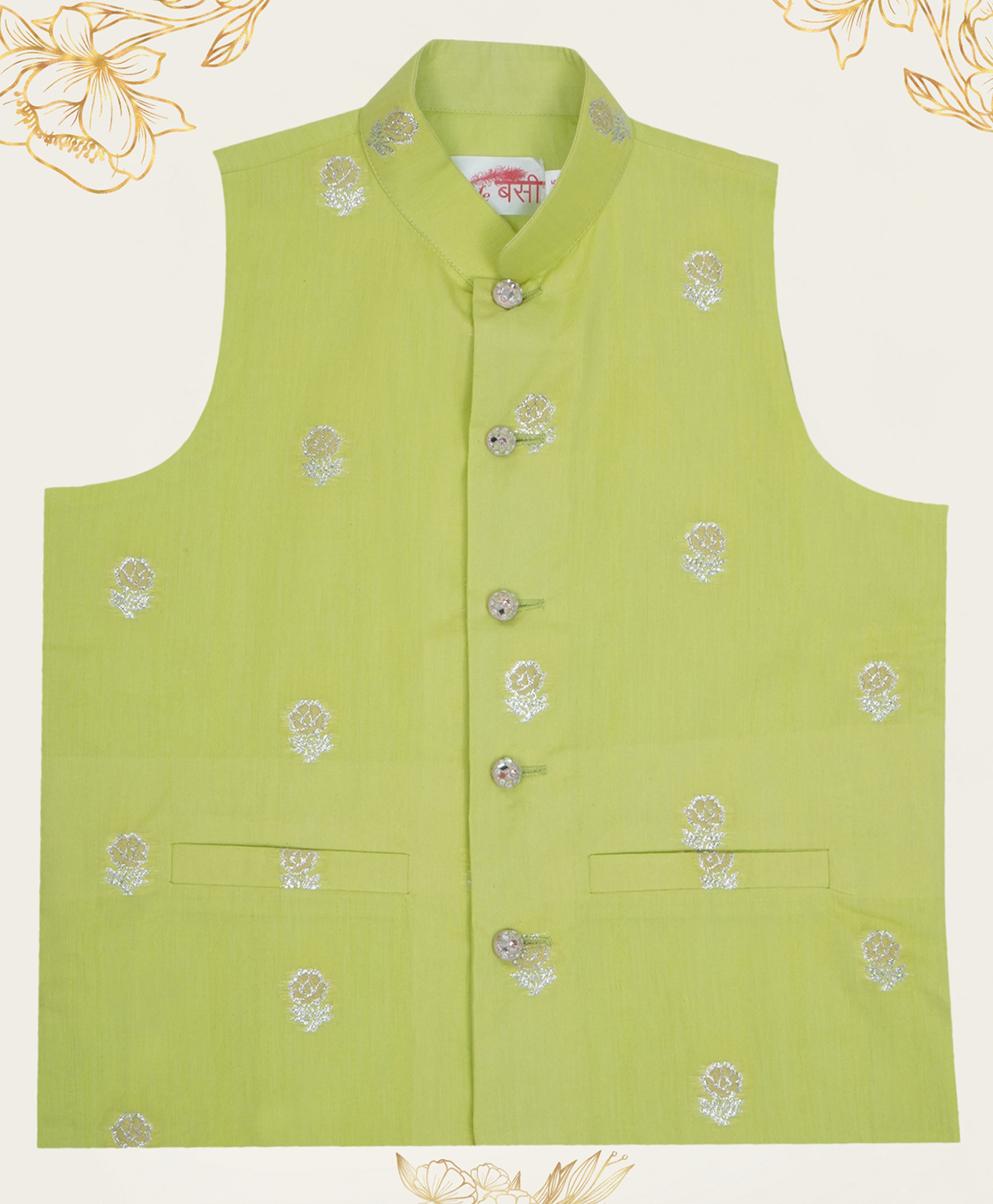 Little Bansi Cotton Woven Sleeveless Floral Foil Printed Nehru Jacket - Green-picture-18