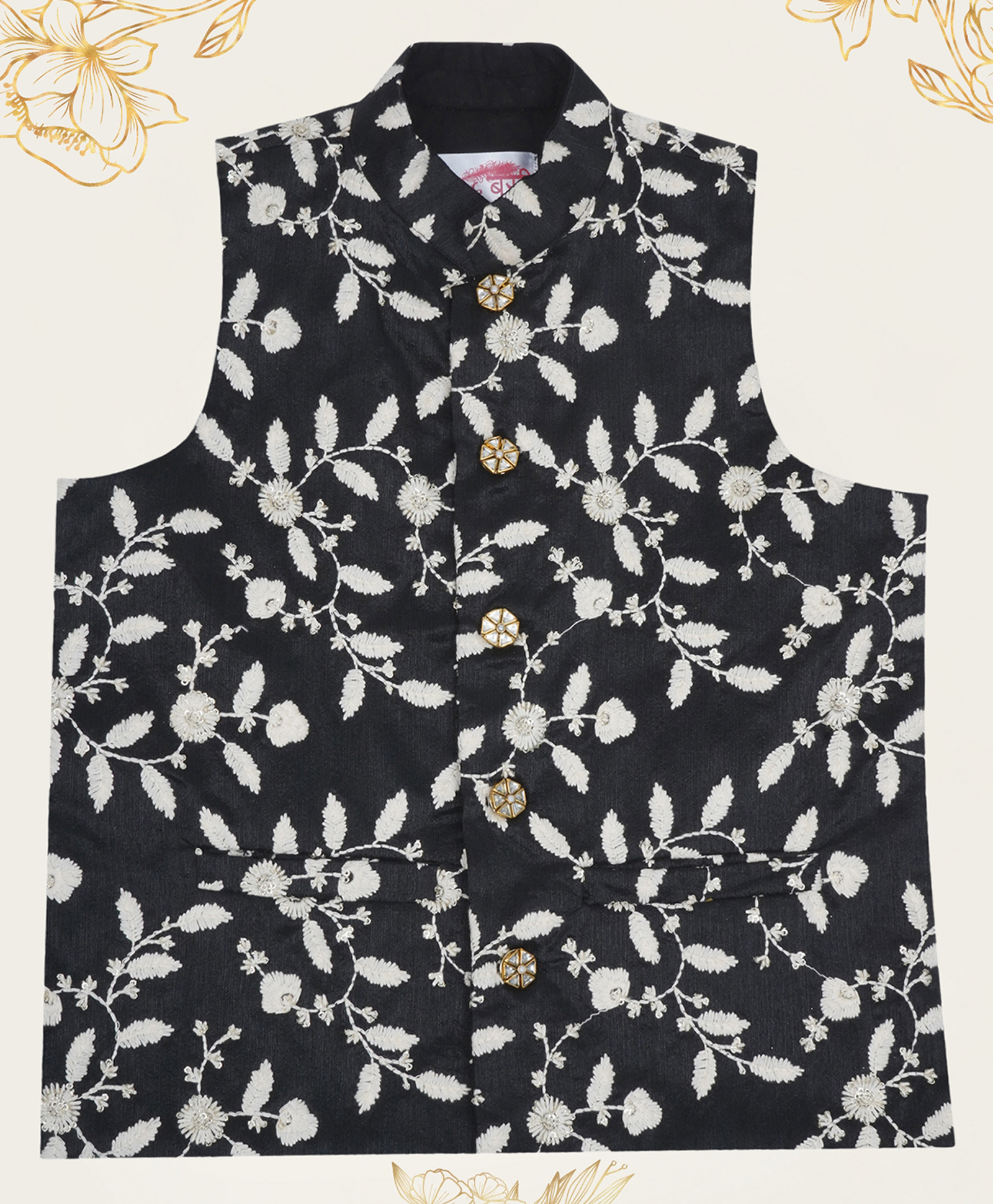 Little Bansi Silk Woven Sleeveless Floral Embroidered Sequins Embellished Nehru Jacket - Black-picture-21