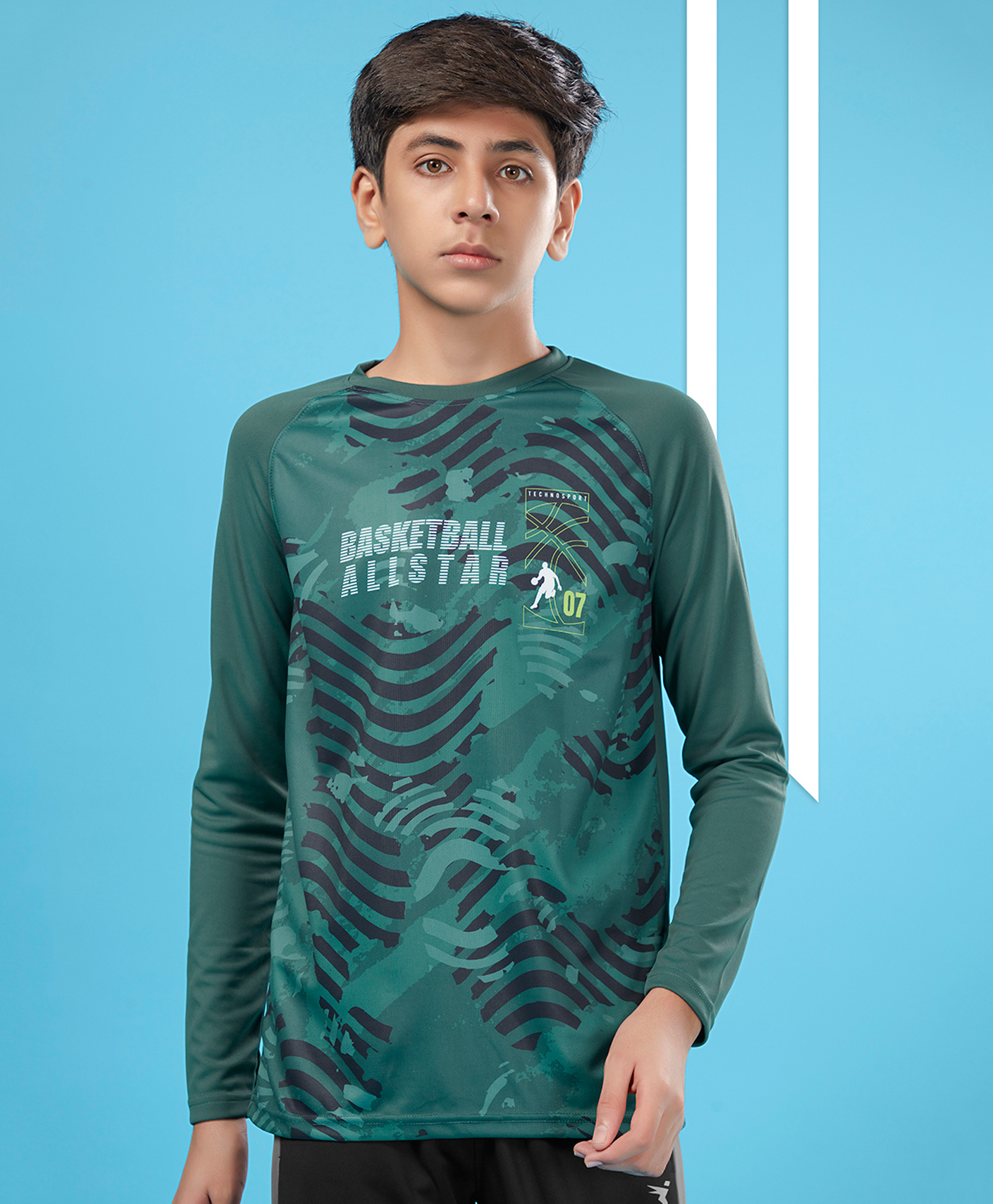 Technosport Knit Full Sleeves Basketball All Star Text Printed Breathable & Quick Dry Sports Tee - Green-picture-12