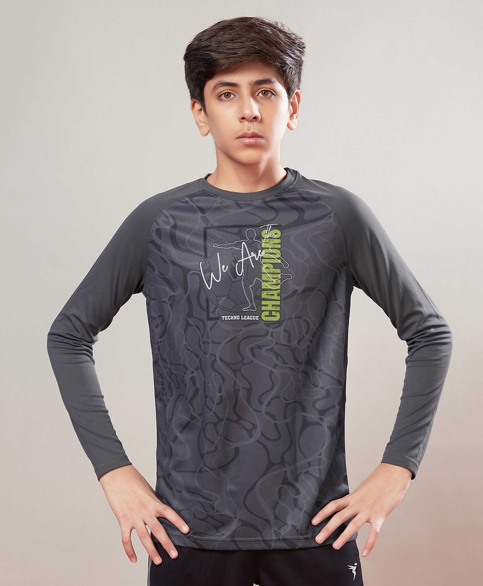Technosport Knit Full Sleeves We Are Champions Text Printed Breathable & Quick Dry Sports Tee - Light Grey-picture-26