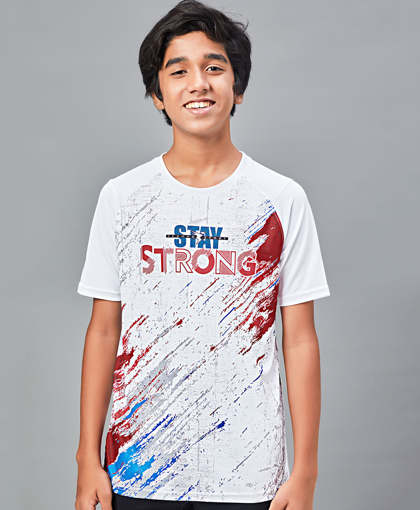 Technosport Knit Half Sleeves Stay Strong Text Printed Breathable & Quick Dry Sports Tee - White-picture-17