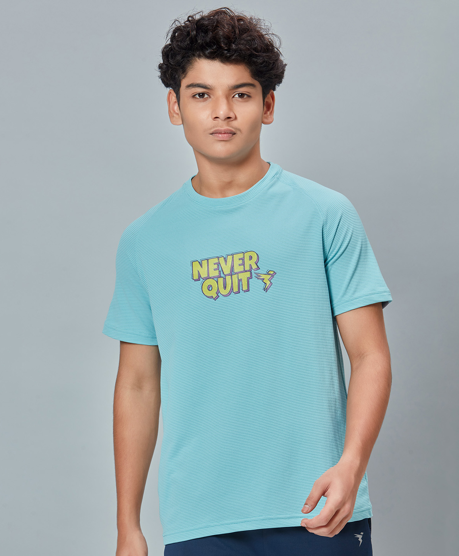 Technosport Knit Half Sleeves Never Quit Text Printed Ribbed Breathable & Quick Dry Sports Tee - Blue-image-3