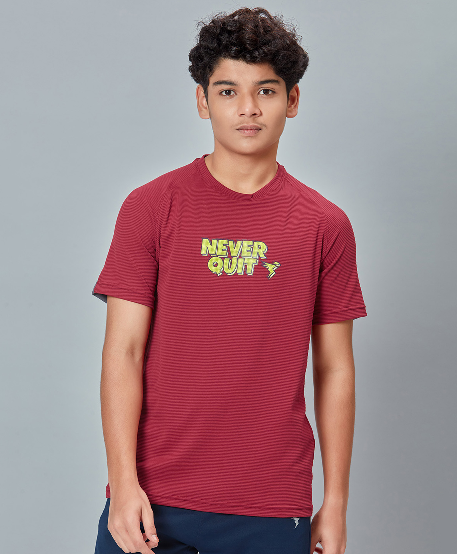 Technosport Knit Half Sleeves Never Quit Text Printed Ribbed Breathable & Quick Dry Sports Tee - Red-picture-18