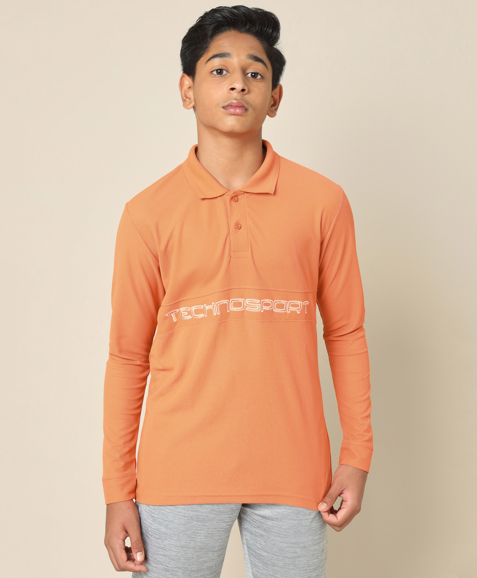 Technosport Knit Full Sleeves Brand Name Printed Breathable & Quick Dry Sports Polo Tee - Orange-picture-17