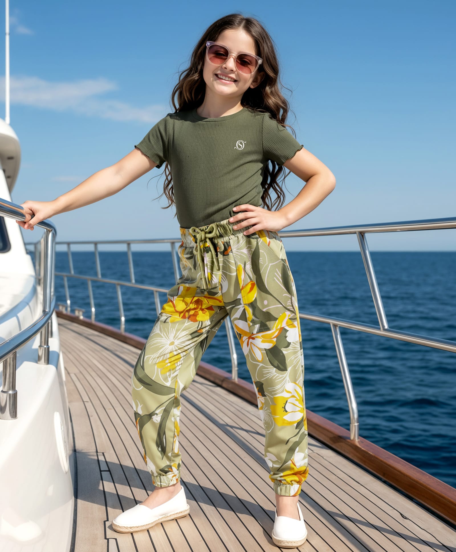 OLLINGTON ST. Cotton Knit Half Sleeves Rib Top & Lounge Pants Set with Floral Print - Olive Green-picture-24