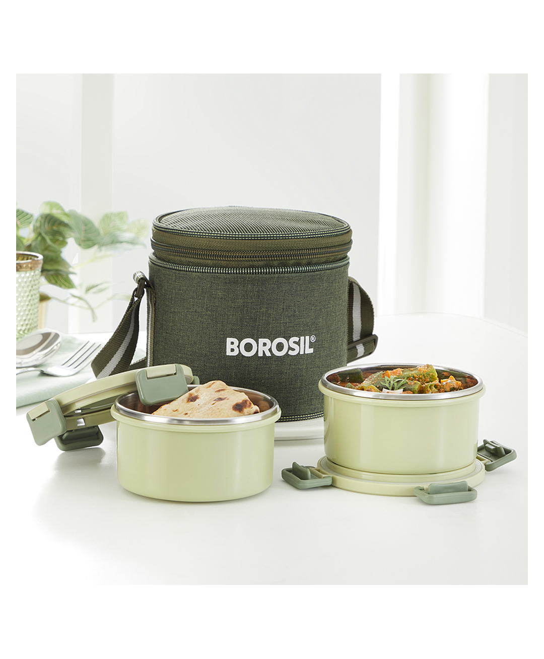 Borosil Glory Stainless Steel Lunch Box with Bag | Set of 2 | Microwavable | Food Grade Steel | Leakproof | Dishwasher Safe | 1 Year Warranty | Horizontal | 280 ml Each Green-picture-37