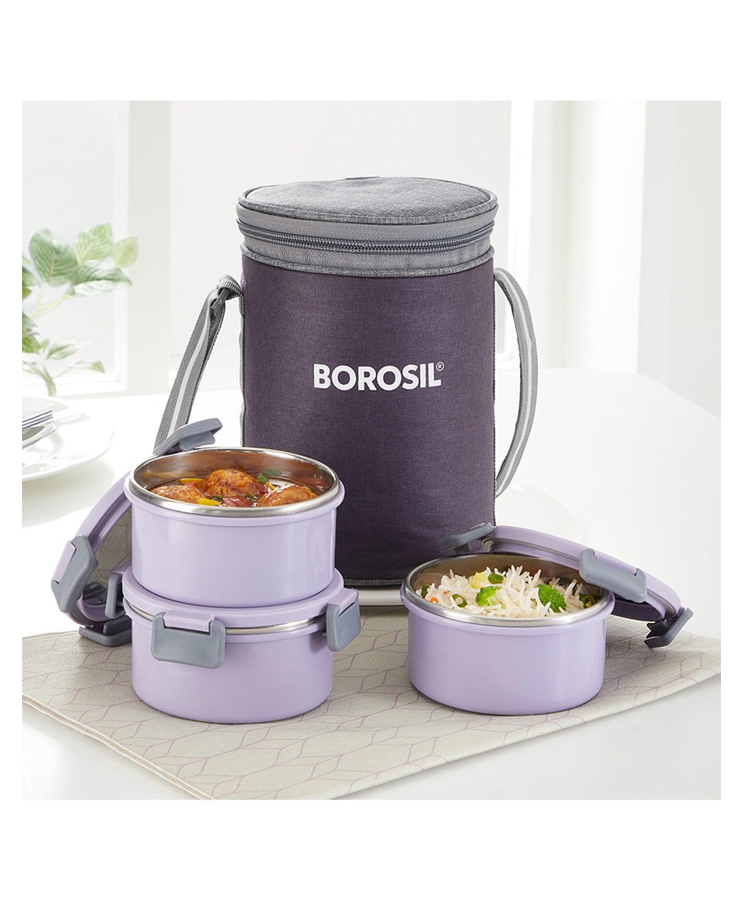 Borosil Glory Stainless Steel Lunch Box with Bag | Set of 3 Round | Microwavable | Food Grade Steel | Leakproof | Dishwasher Safe | 1 Year Warranty | 280 ml Each Lavender-image-17