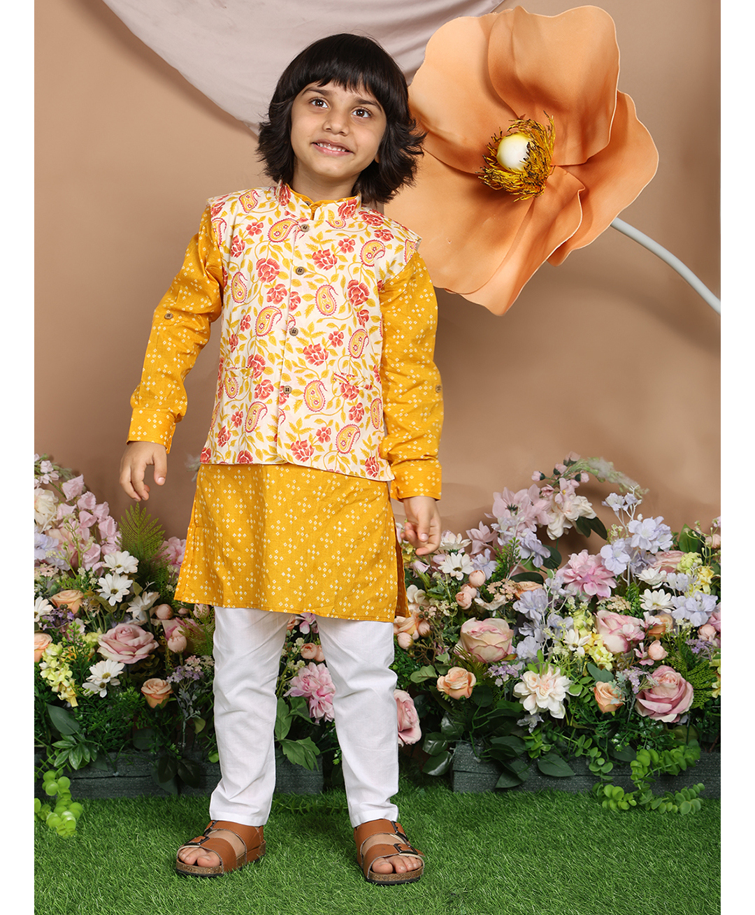 LIL PITAARA Pure Cotton Woven Full Sleeves Bandhani Designed Kurta & Pyjama With Floral Printed Jacket Set - Yellow-picture-21