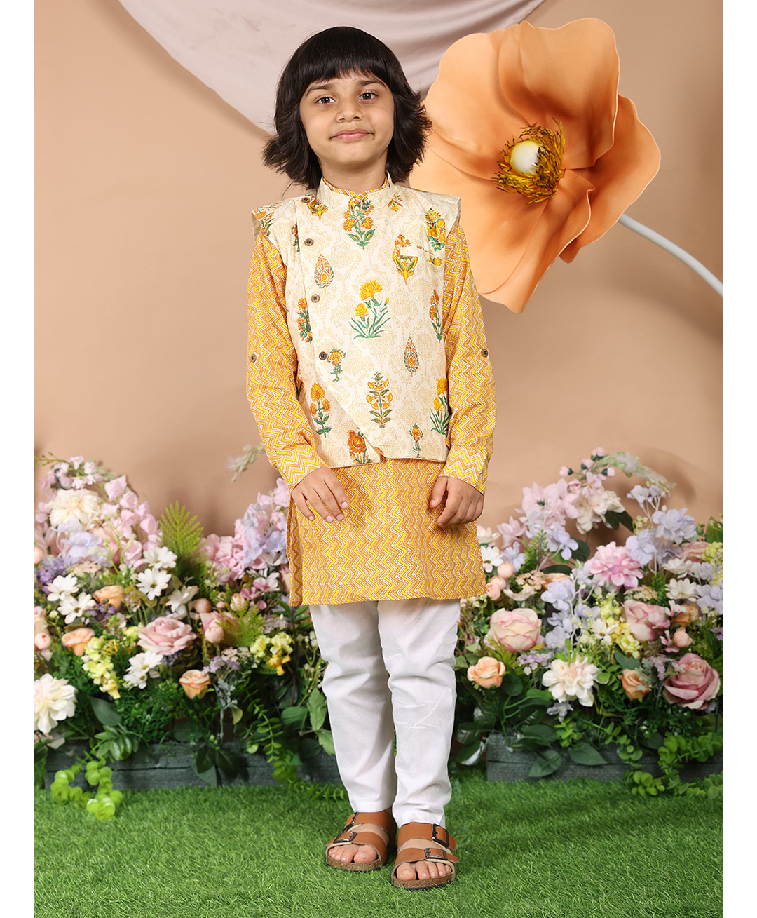 LIL PITAARA Pure Cotton Woven Full Sleeves Chevron Printed Kurta & Pyjama With Jacket Set - Yellow-picture-20