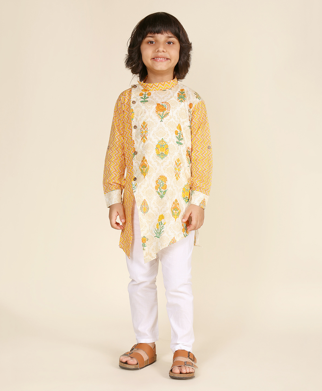 LIL PITAARA Pure Cotton Woven Full Sleeves Floral & Chevron Printed Kurta Pyjama Set - Yellow-picture-19