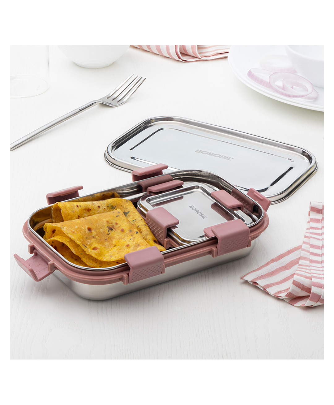 Borosil Slim Stainless Steel Lunch Box | Microwavable | Food Grade Steel | Leakproof | Dishwasher Safe | 1 Year Warranty | 700 ml + 125 ml Pink-image-44