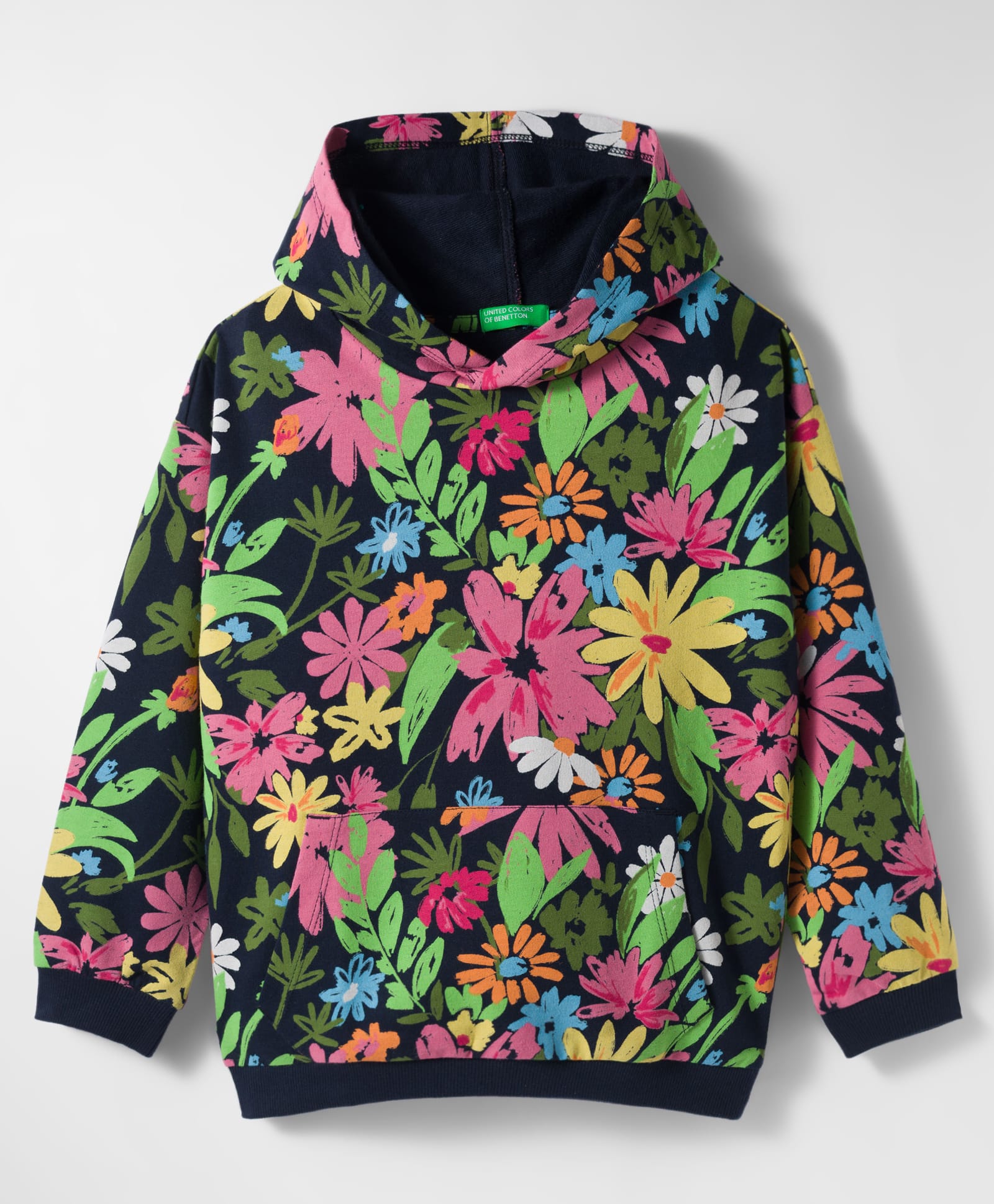 UCB Cotton Knit Full Sleeves Hooded Sweatshirt With Floral Print & Kangaroo Pockets - Navy Blue-picture-18