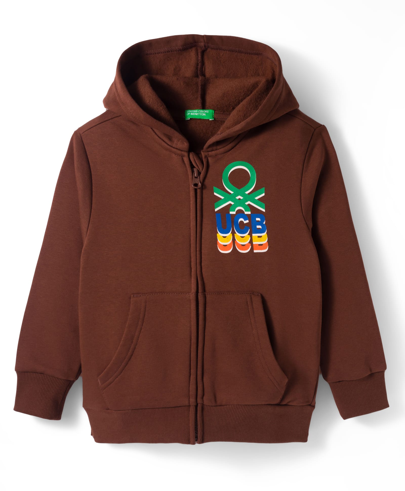 UCB Fleece Knit Full Sleeves Front Open Hooded SweatJacket with Brand Name Print & Kangaroo Pockets - Brown-picture-17