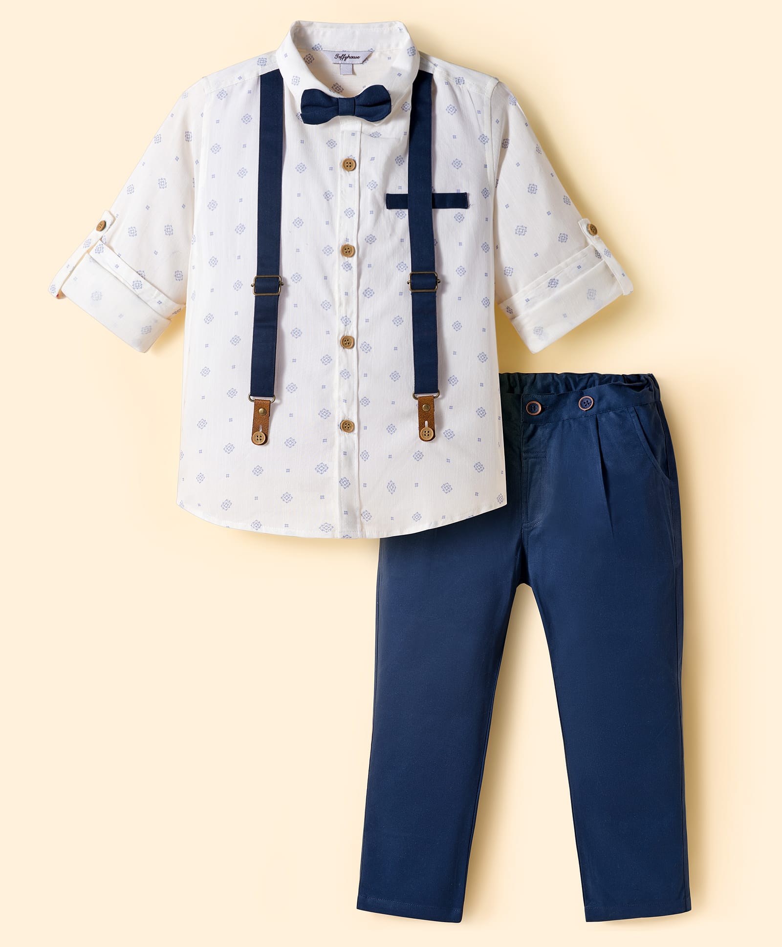 ToffyHouse Poplin Woven Full Sleeves Printed Party Shirt & Trouser Set with Bow & Suspender Applique - Navy Blue & White-image-24