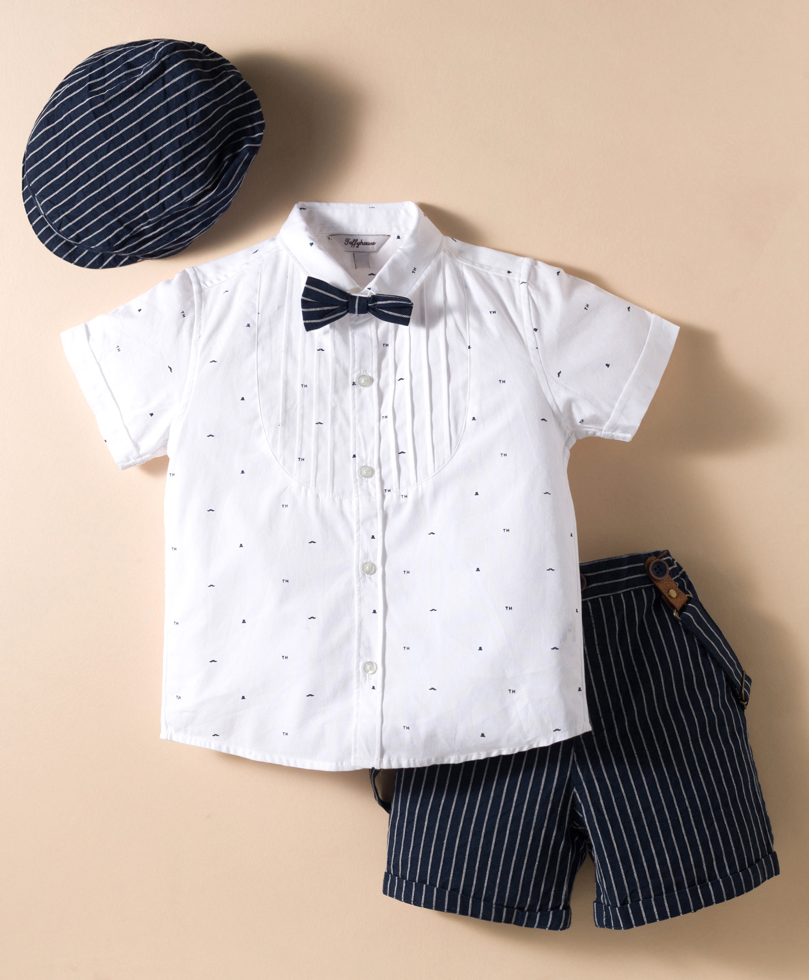ToffyHouse Poplin Woven Half Sleeves Printed Party Shirt & Shorts Set With Cap Bow & Suspender - Navy Blue & White-image-13