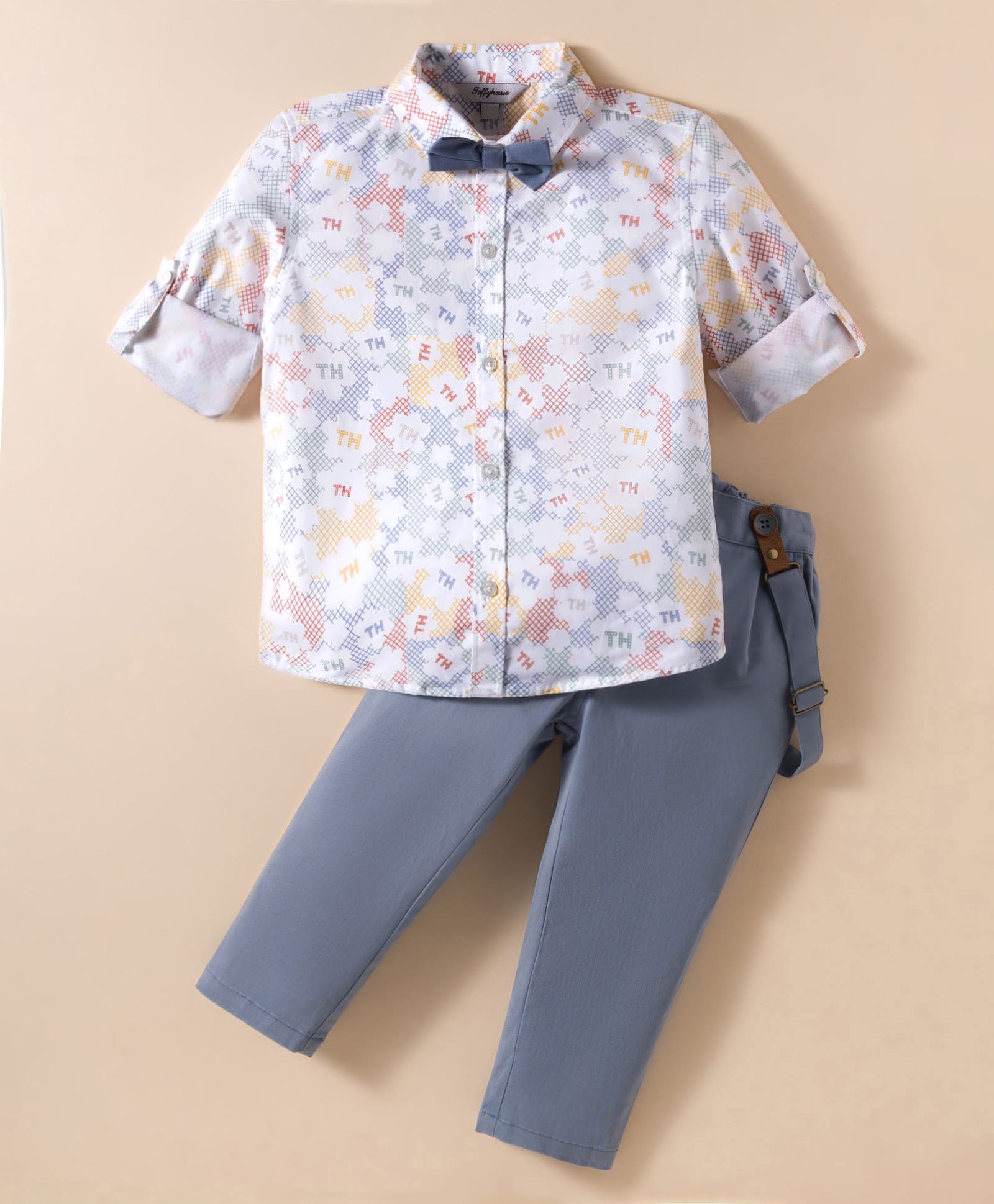ToffyHouse Poplin Woven Full Sleeves Printed Party Shirt & Trouser Set With Bow & Suspender - White-image-38