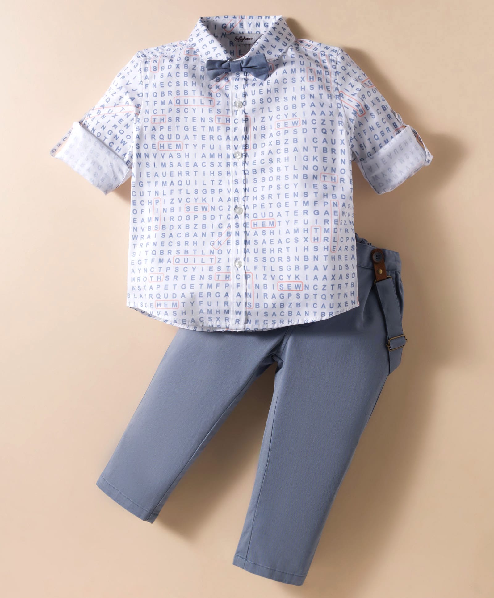 ToffyHouse Poplin Woven Full Sleeves Printed Party Shirt & Trouser Set With Bow & Suspender - White-image-48