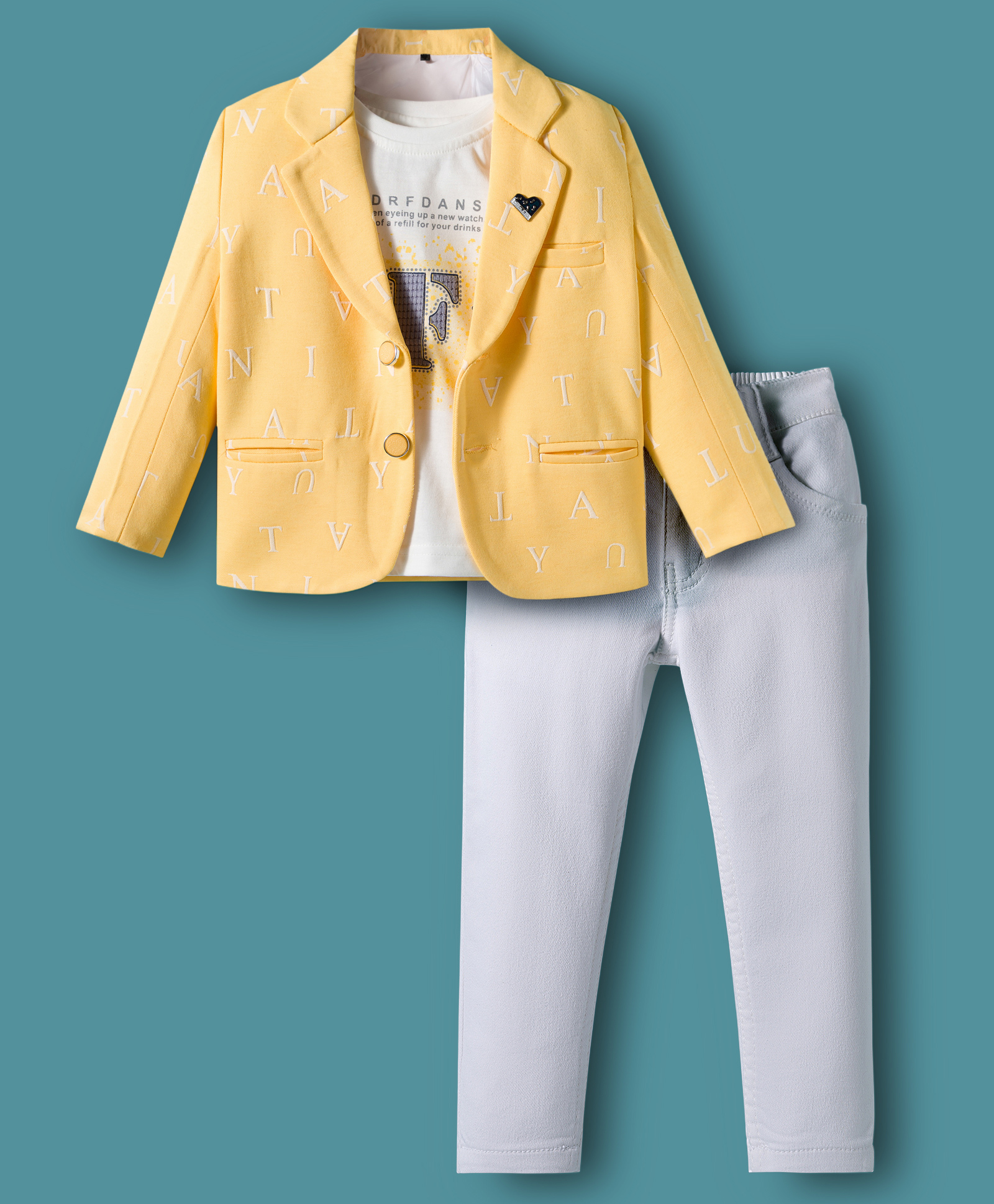 Dapper Dudes Full Sleeves Alphabets Printed Blazer With Typography Printed Tee & Pant Set - Lemon-image-0