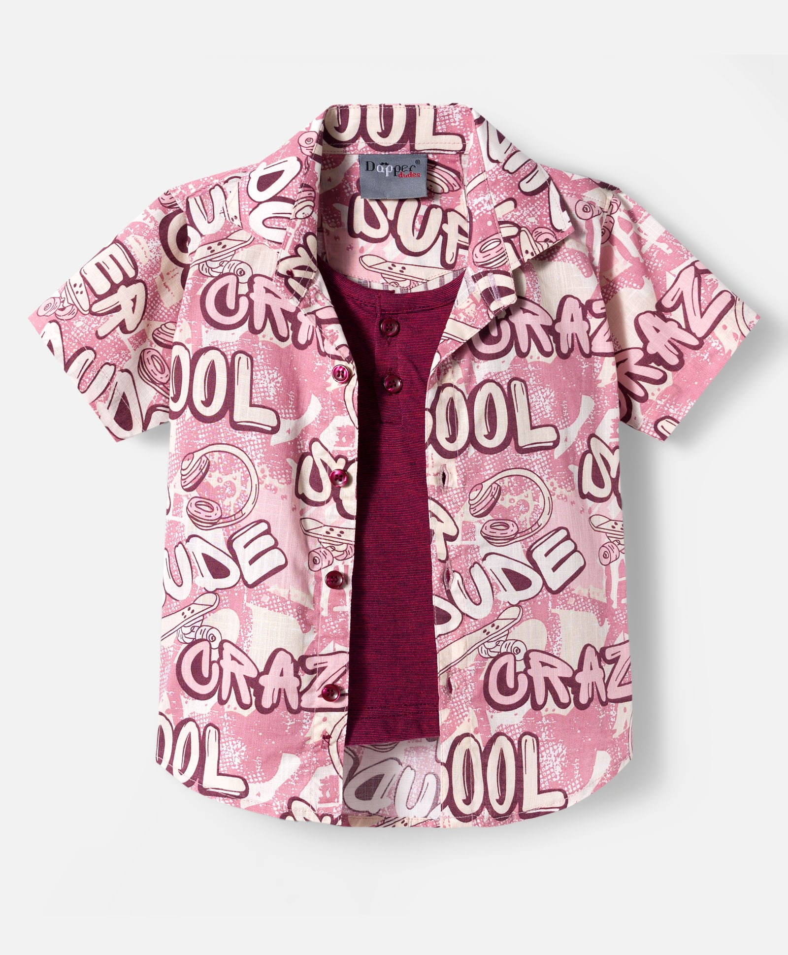 Dapper Dudes Half Sleeves Typography Printed Shirt With Attached Tee - Pink-image-14