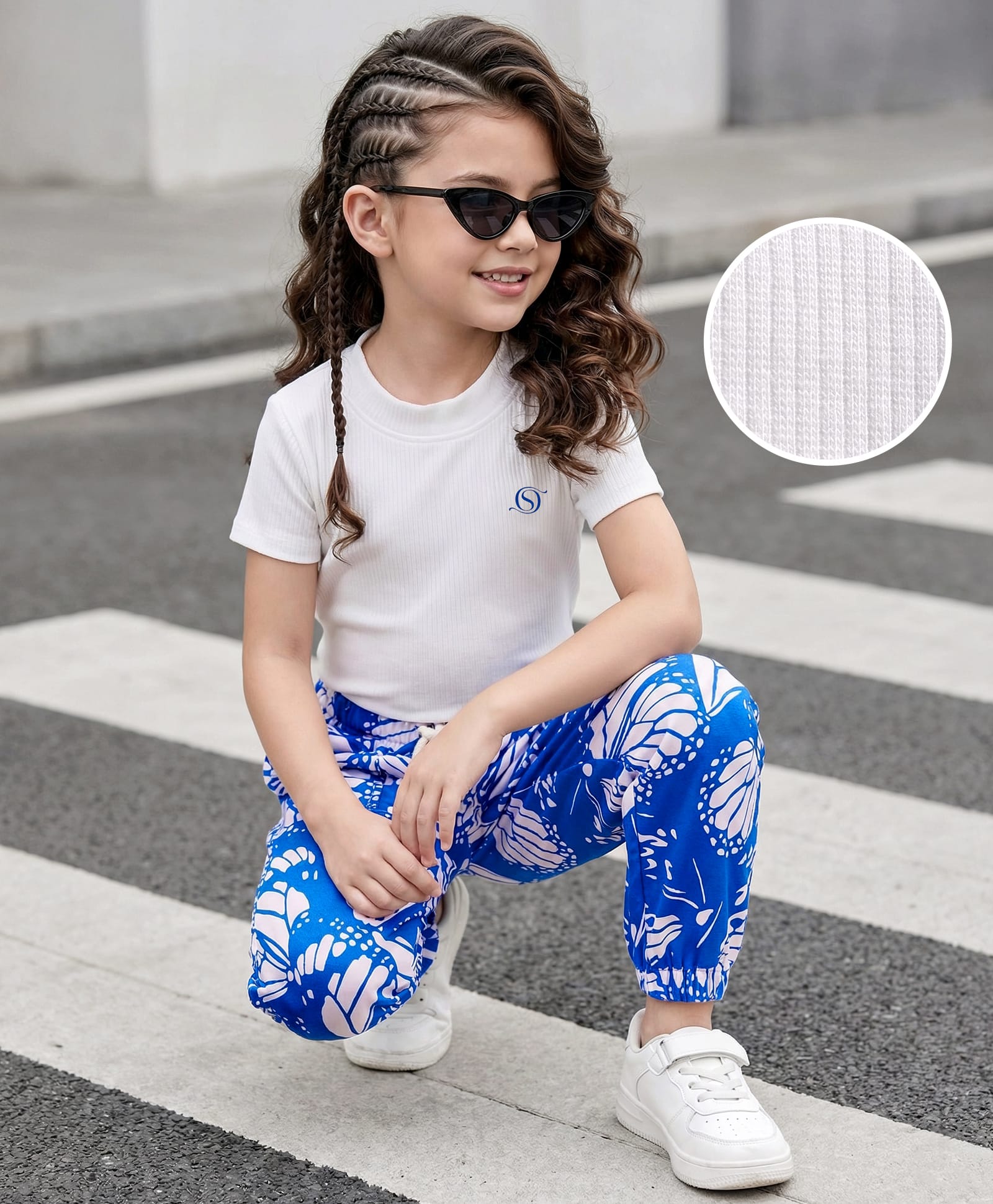 OLLINGTON ST. Cotton Knit Half Sleeves Rib Top & Lounge Pants Set with Butterfly Print - White & Blue-picture-19