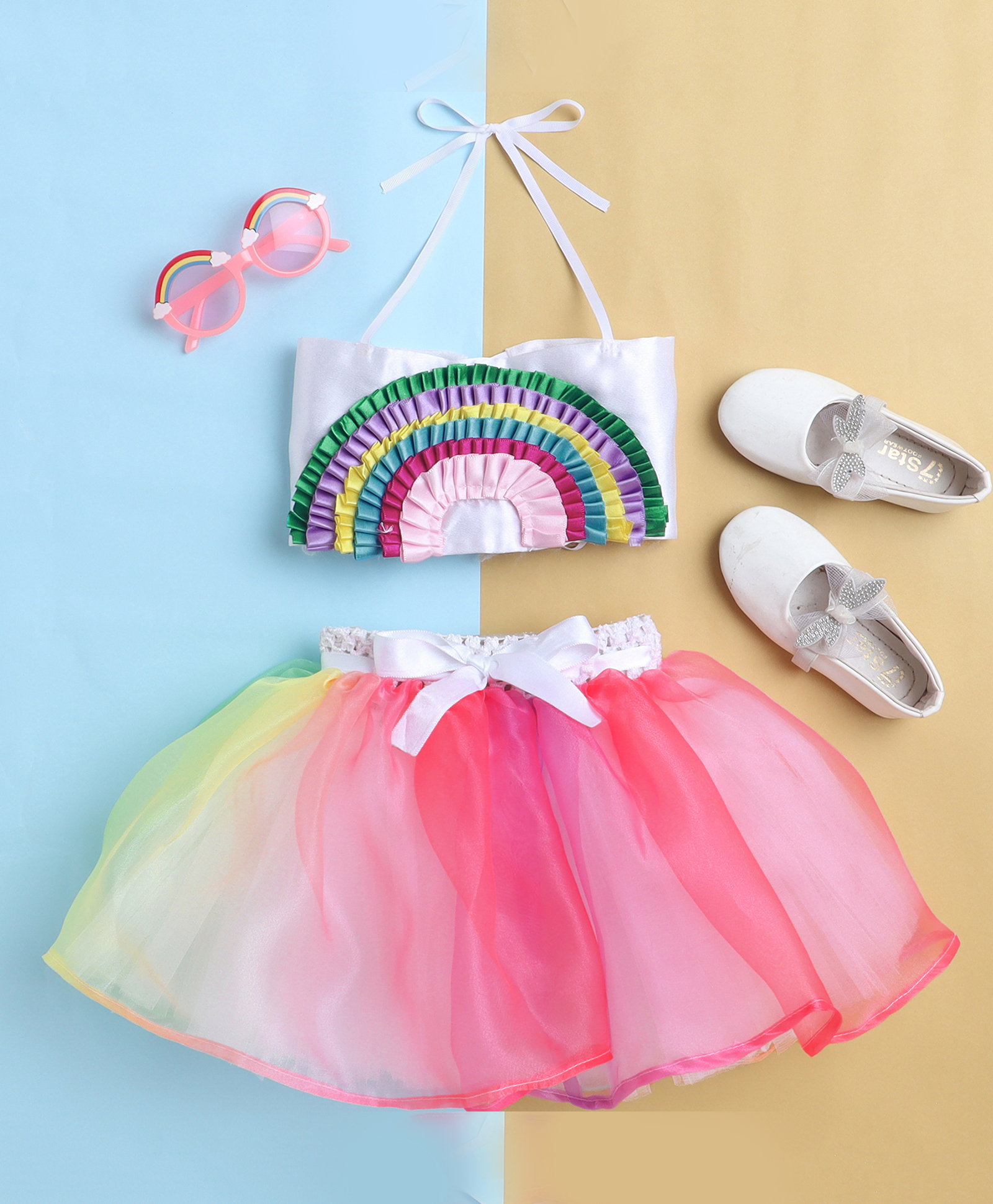 TINY MINY MEE Satin Woven Sleeveless Rainbow Designed Top & Skirt Set - Multi Colour-image-44