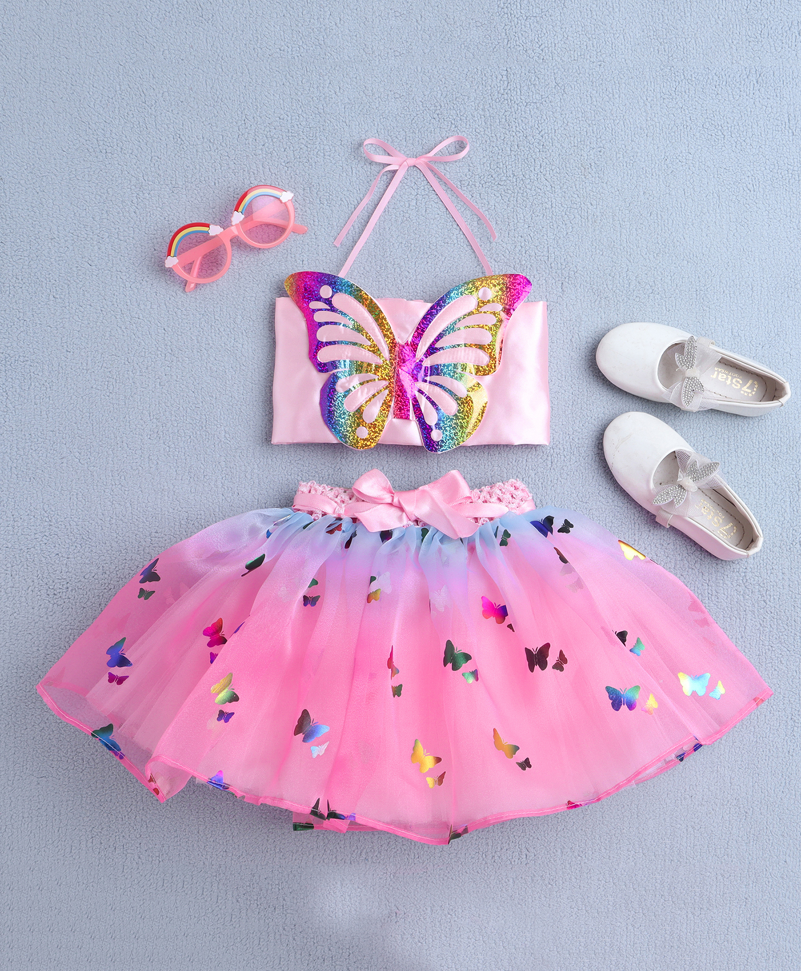 TINY MINY MEE Satin Woven Sleeveless Butterfly Applique Detailed Top & Skirt Set - Multi Colour-image-34