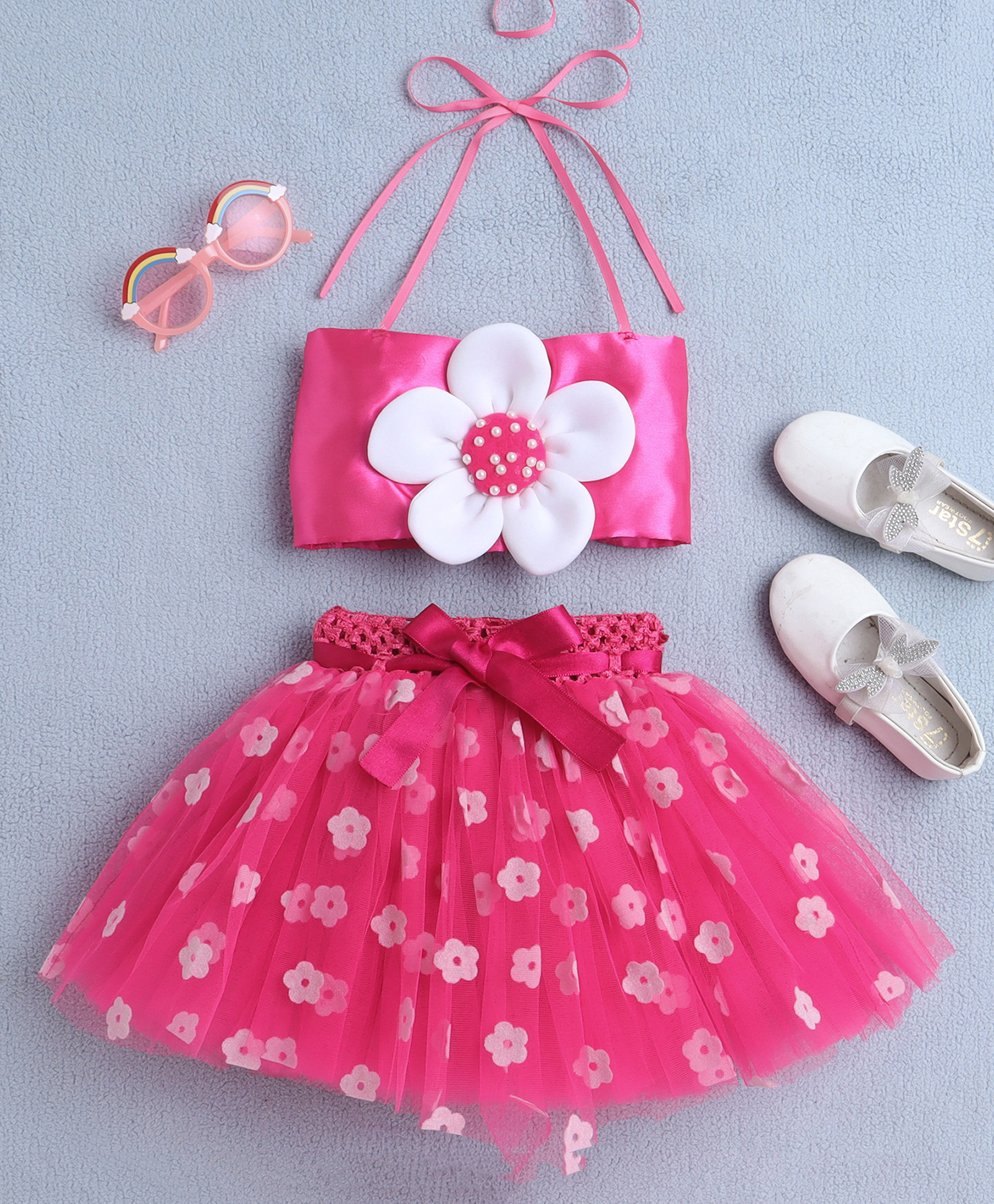 TINY MINY MEE Satin Woven Sleeveless Floral Applique Detailed Top & Skirt Set - Magenta-picture-30