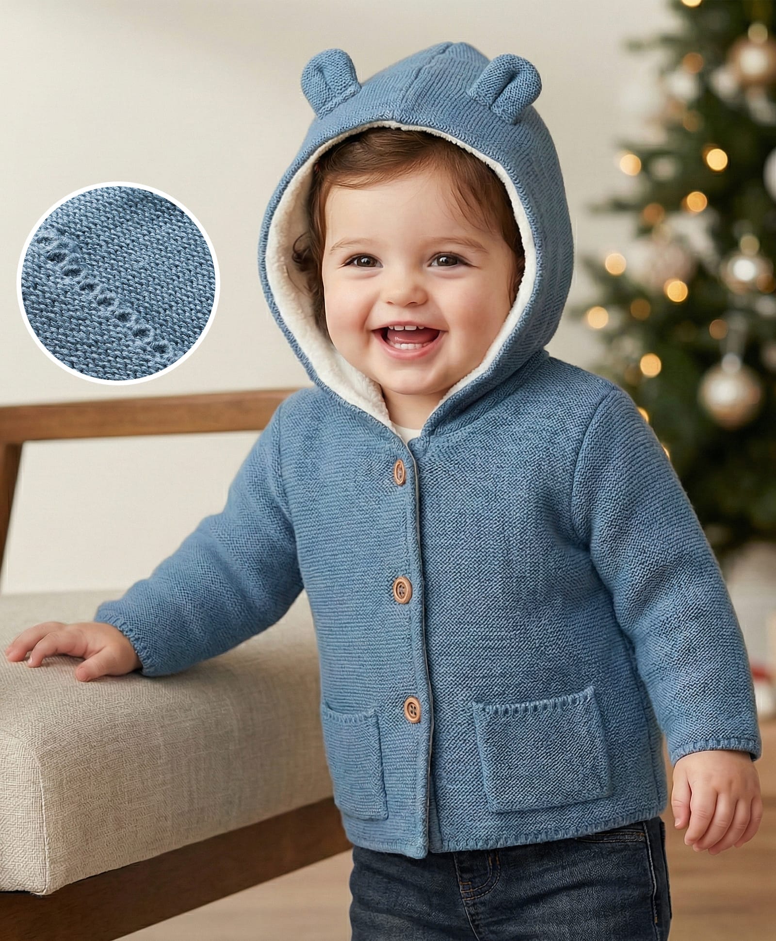 Babyoye 100% Cotton Knitted Full Sleeves Solid Dyed Hooded Front Open Sweater - Blue-image-47